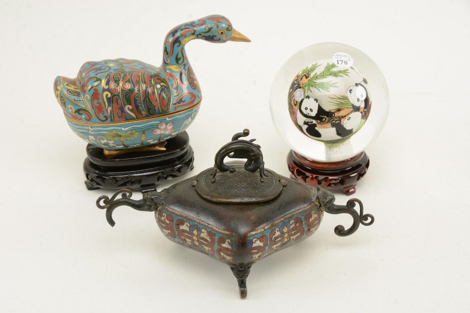 3-piece Asian decorative arts lot. Hand painted glass (1 of 12)