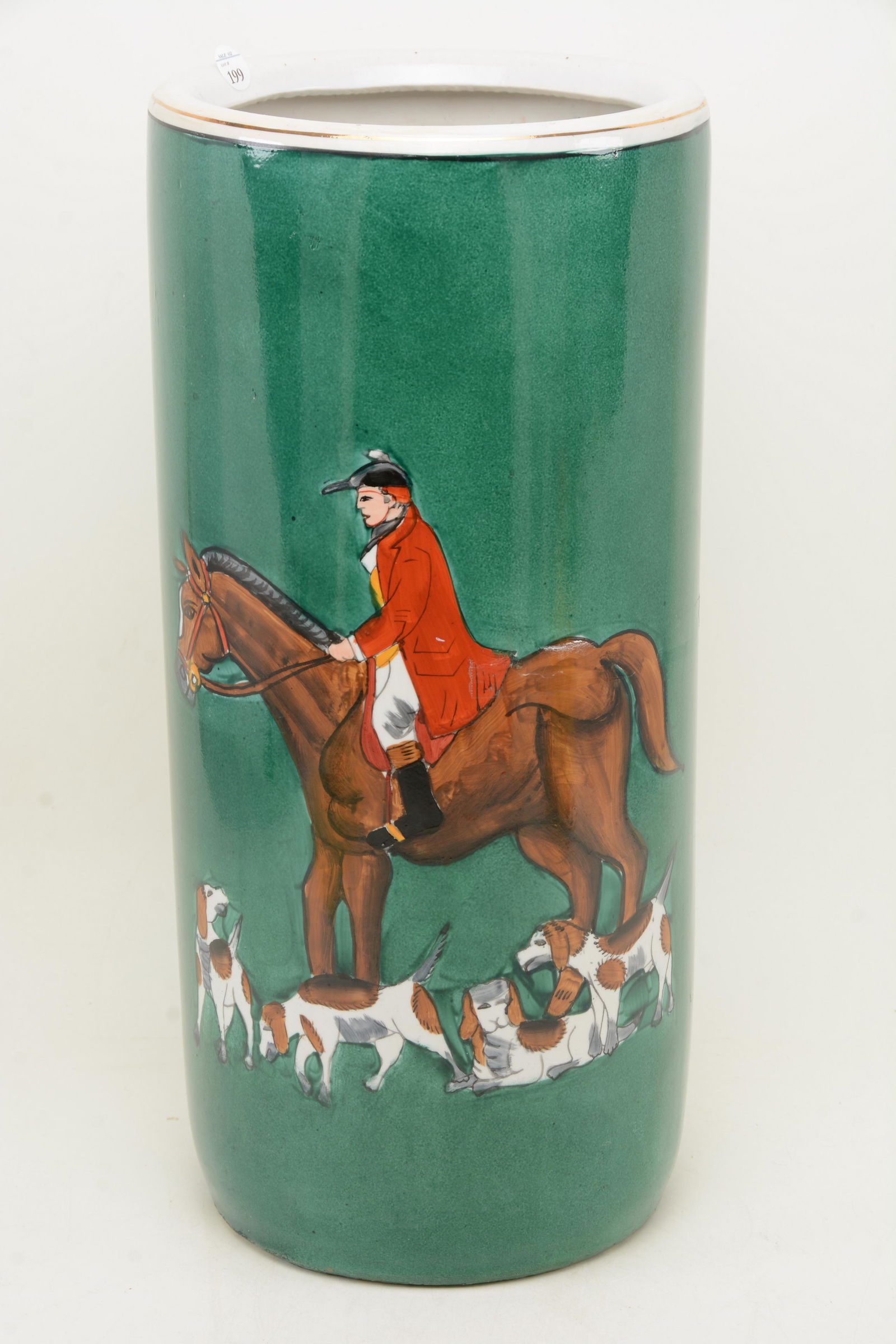 Arts and Crafts ceramic umbrella stand with green (1 of 7)