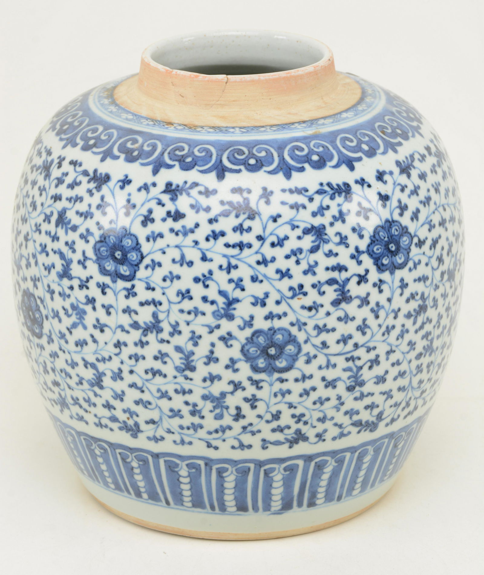 Chinese blue and white ginger jar. Repair to top rim: Chinese blue and white ginger jar. Repair to top rim and crack in base. 9.75 in high.