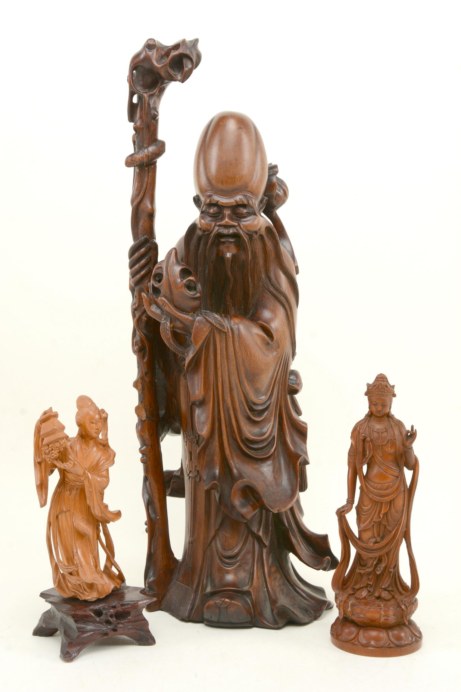 3 Chinese wood figural carvings including fine quality (1 of 13)