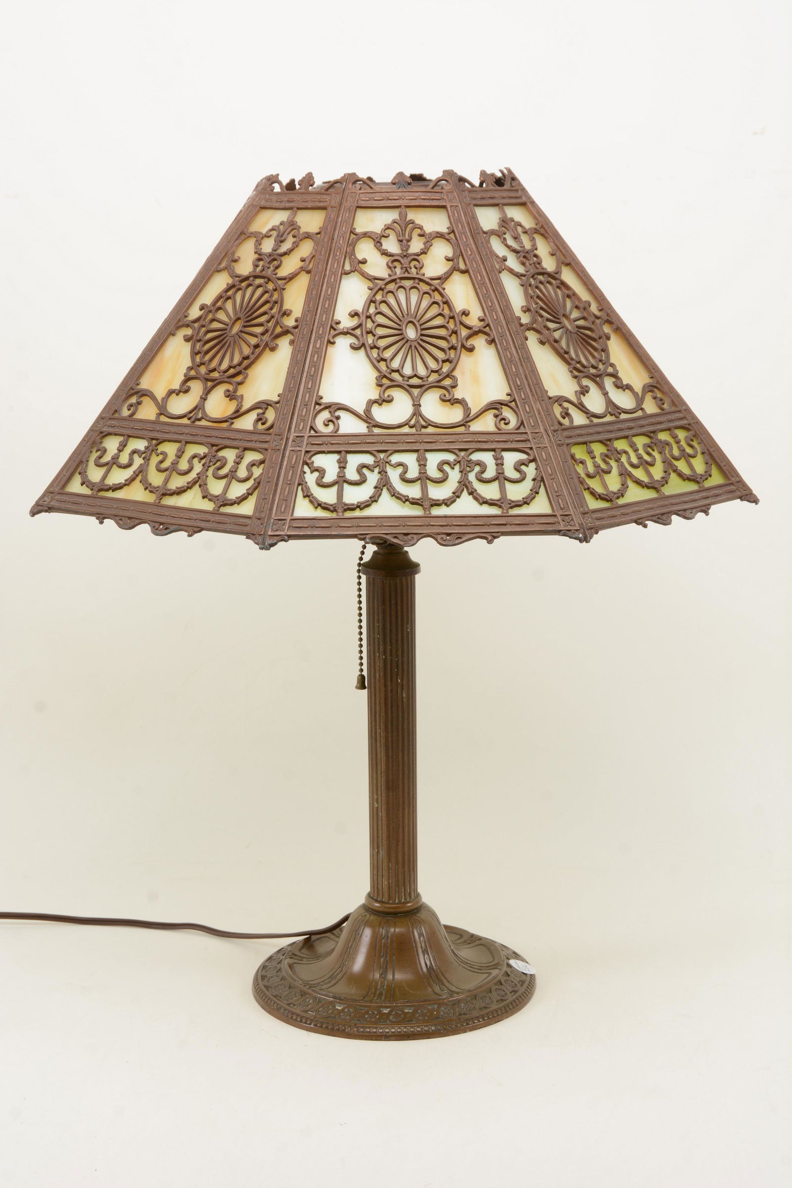 Slag glass table lamp, circa 1920. Octagonal cast shade (1 of 7)
