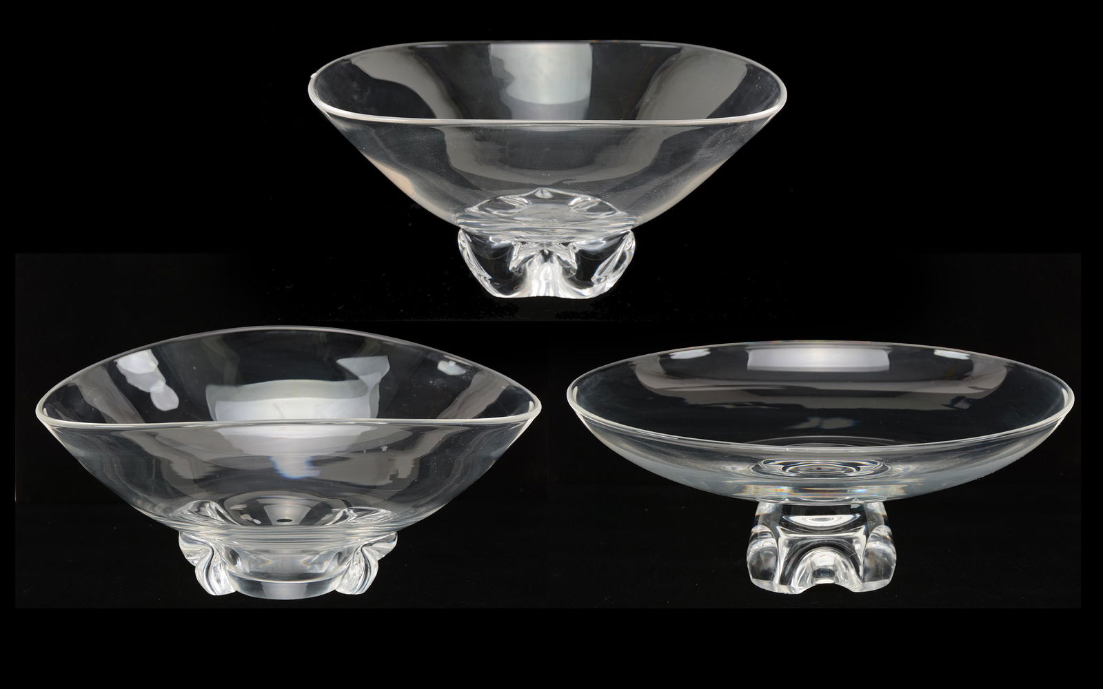 3 Steuben colorless glass compotes. Each low footed (1 of 11)