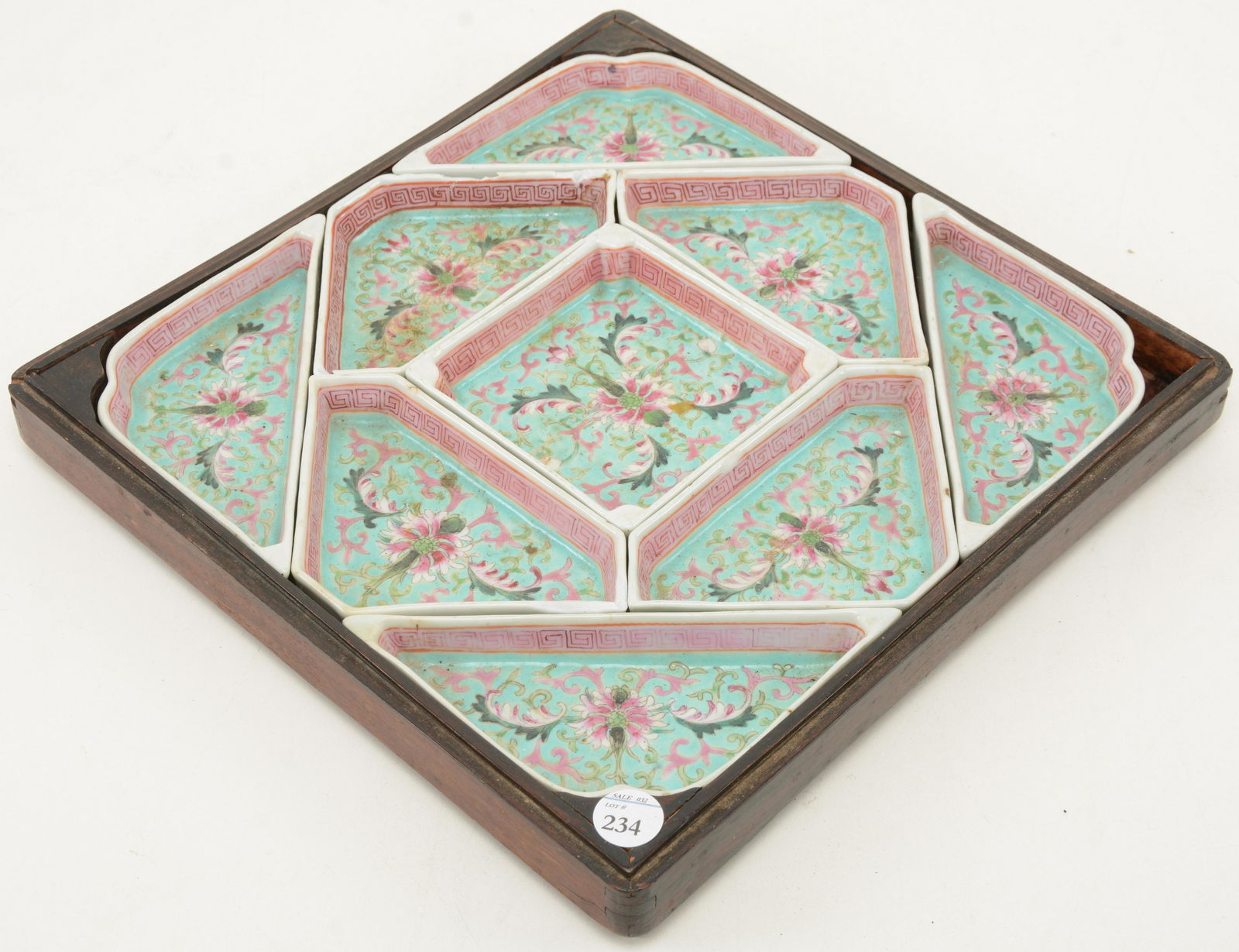 Chinese porcelain sauce dish set. 9 pieces in pink and (1 of 5)