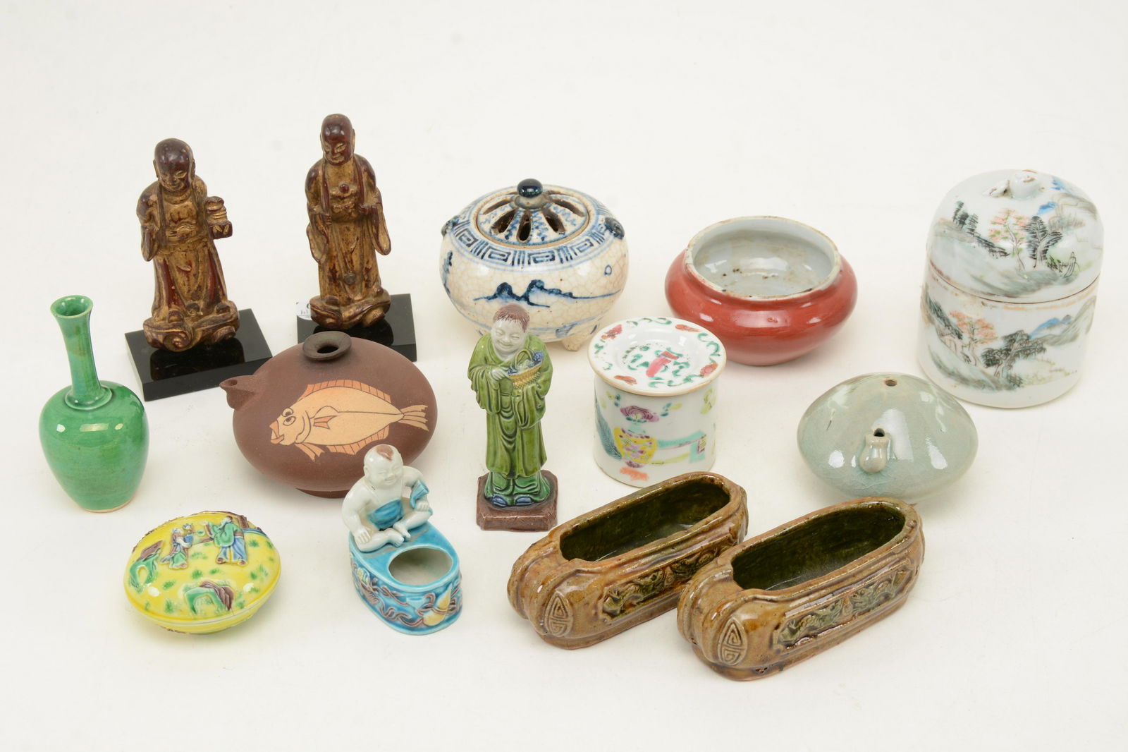 Lot of Asian ceramics and figures. Includes pair of (1 of 5)
