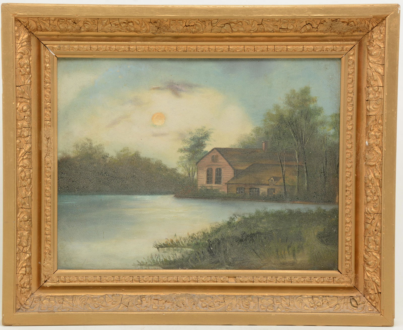 19 th  century moonlit landscape painting with house on (1 of 5)