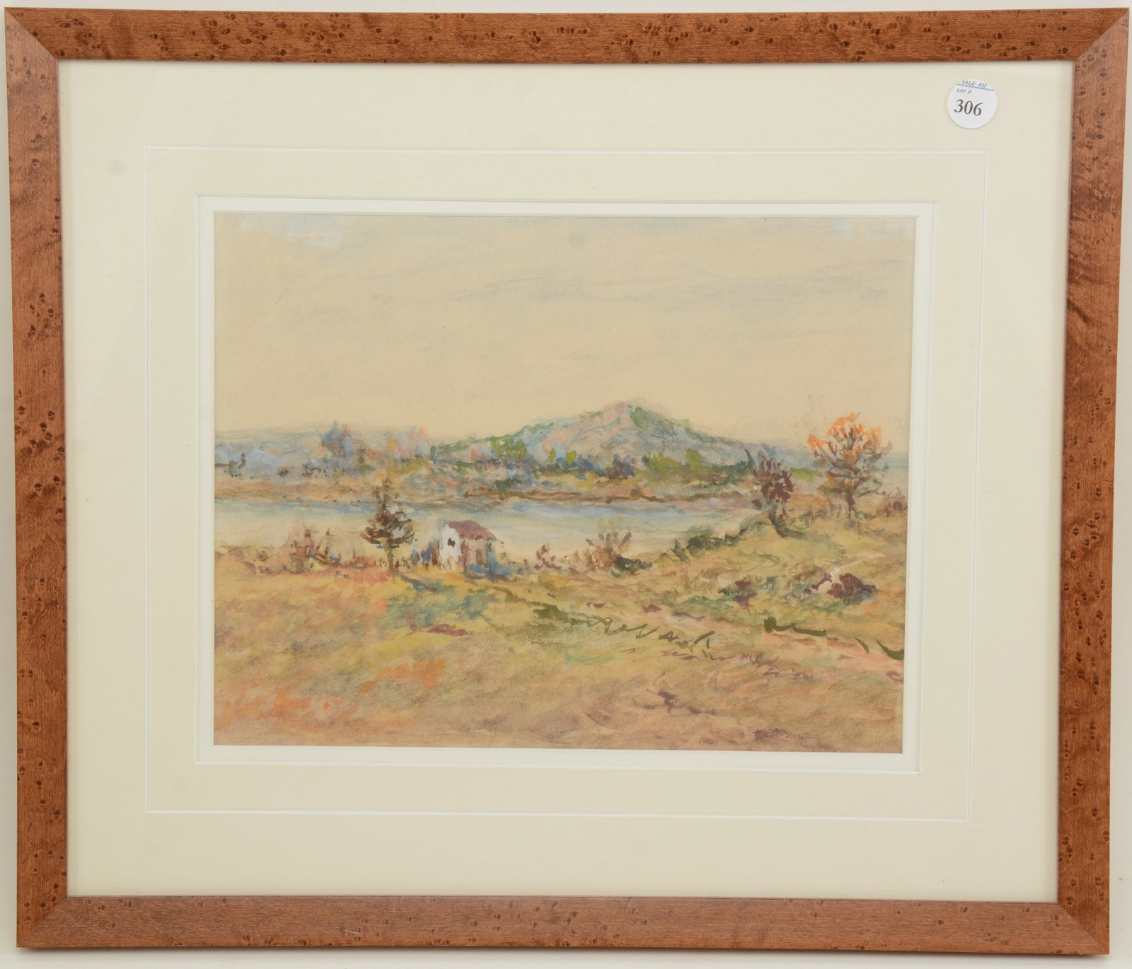 Horace Robbins Burdick. American. Watercolor, cottage: Horace Robbins Burdick. American. Watercolor, cottage on river with mountain. Framed and matted. Image size8.5 11in Overall size 11.25 x 14.25in