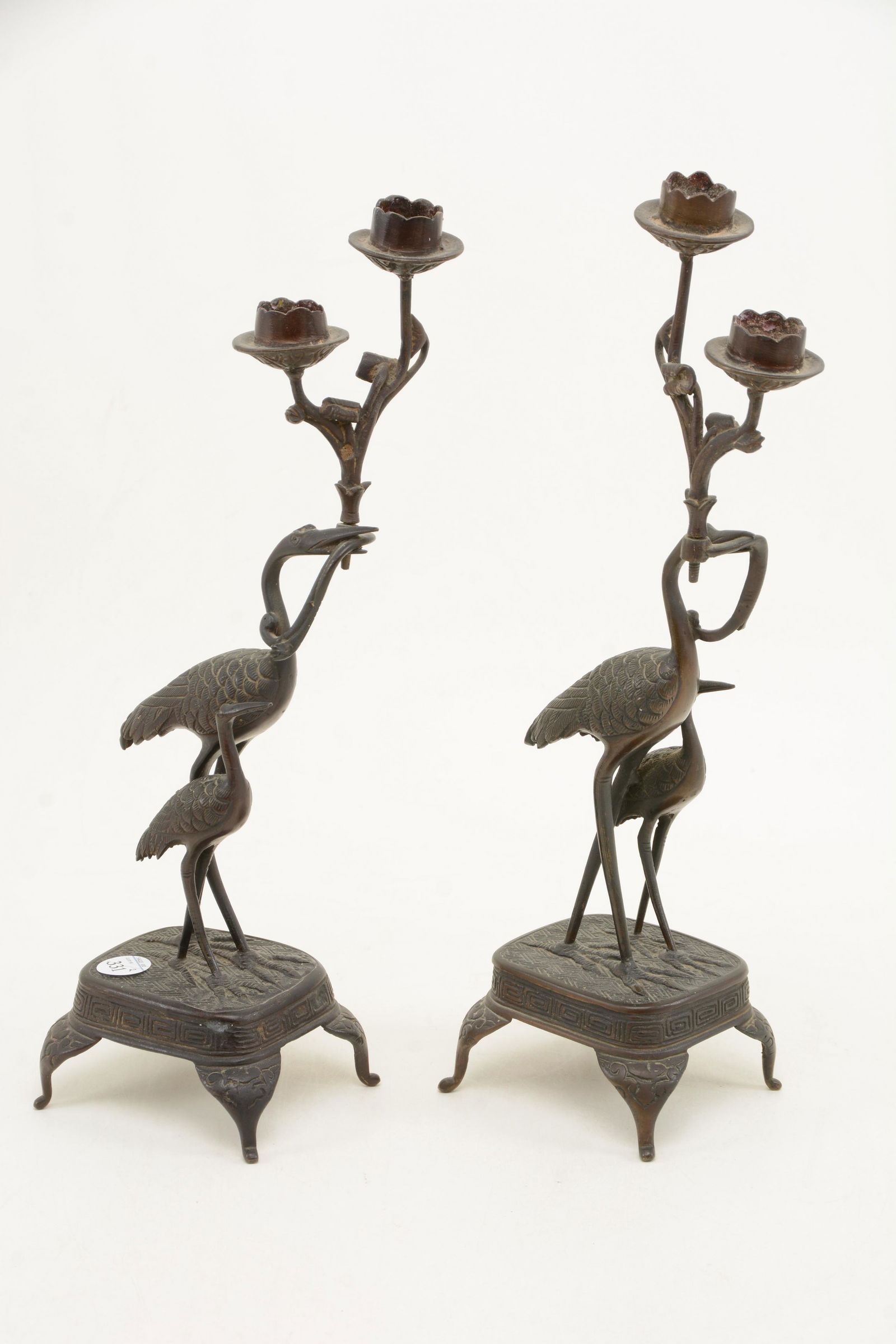 Pair of Chinese bronze crane figural candlesticks. Each (1 of 8)
