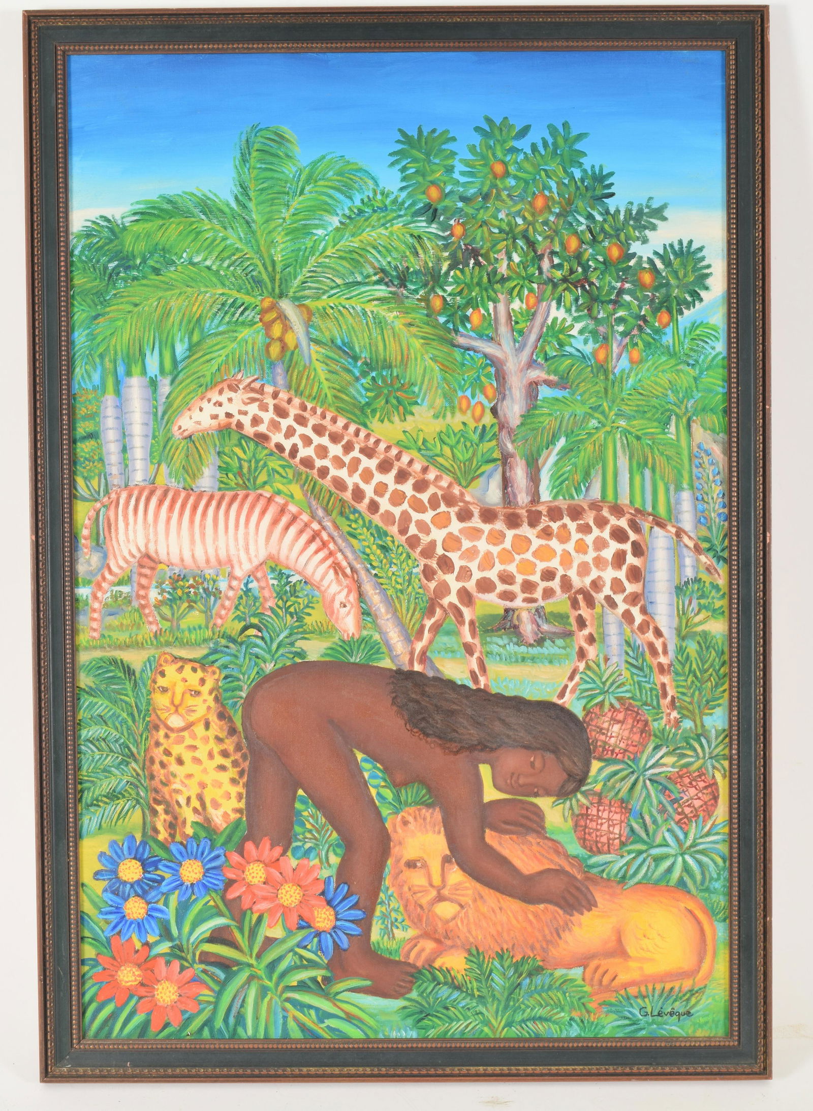 Gabriel Leveque. Haitian. Landscape with jungle animals: Gabriel Leveque. Haitian. Landscape with jungle animals and nude woman. Oil on masonite. Signed lower right. Sight: 35.5 x 23.5 in. Overall: 39 x 29.5 in.