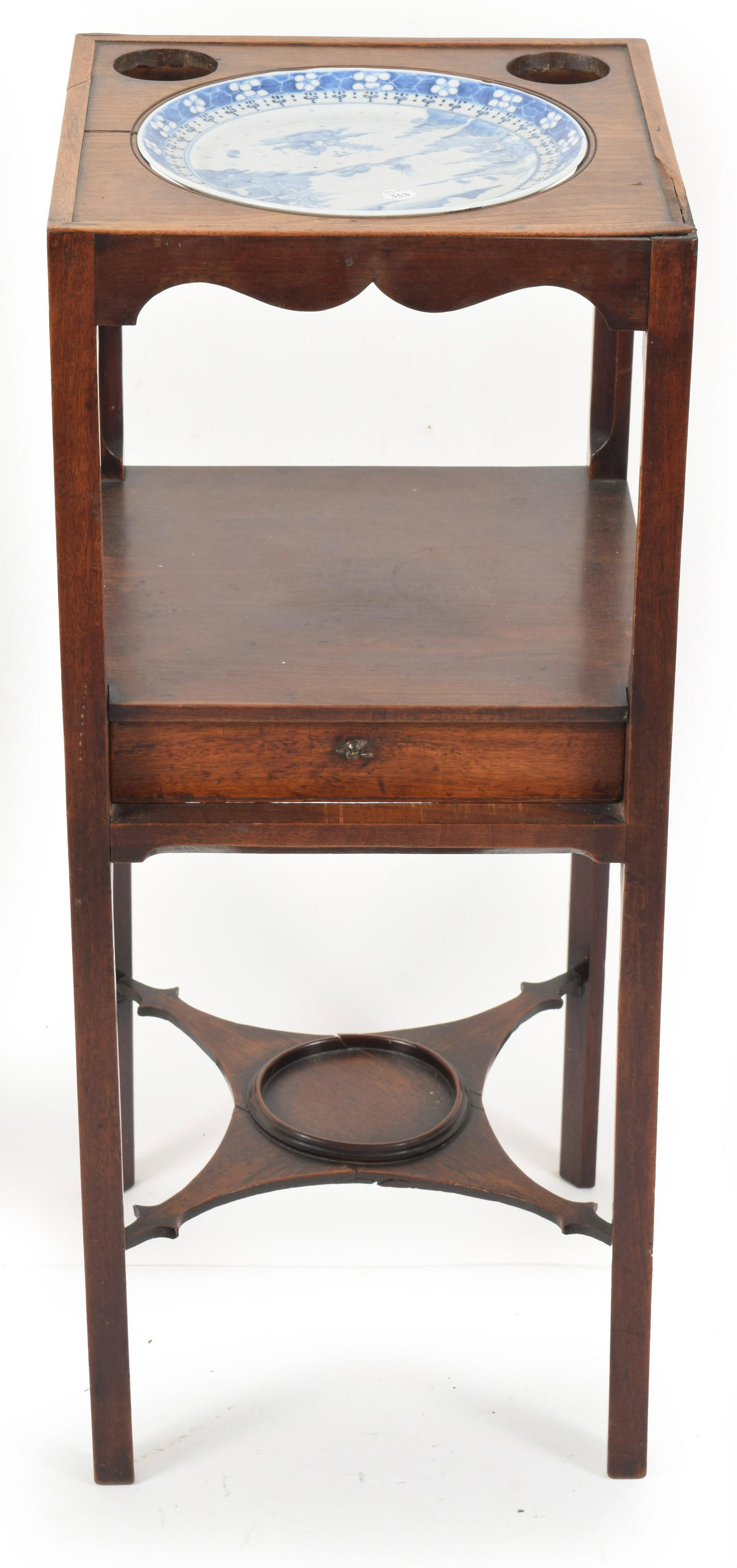 Chinese wash stand with blue and white plate insert.: Chinese wash stand with blue and white plate insert. Stand missing section of trim on top, other minor scratches and wear. Plate with adhesive residue to backside. 31 in height.
