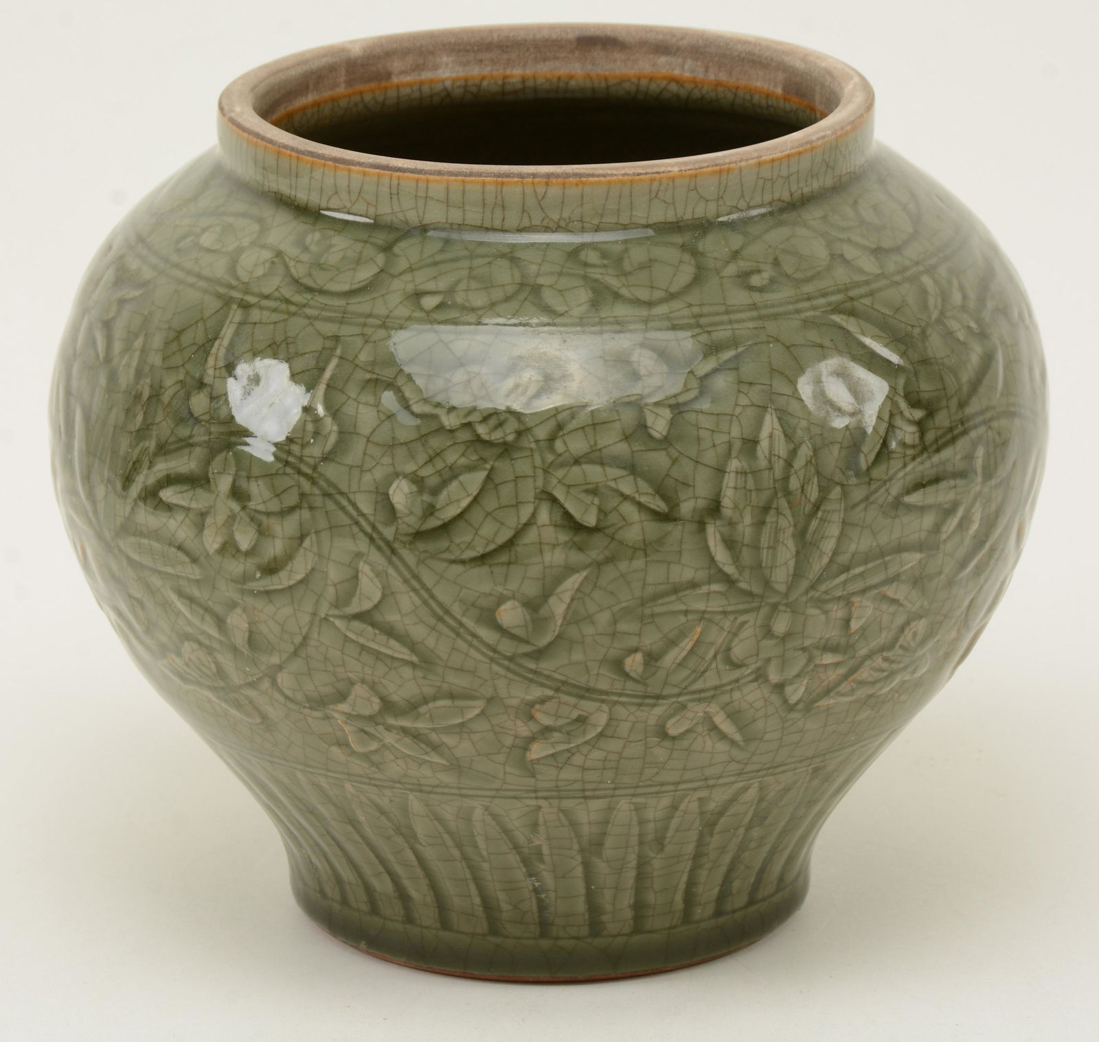 Chinese Celadon Jar. Body carved with flowers and (1 of 9)