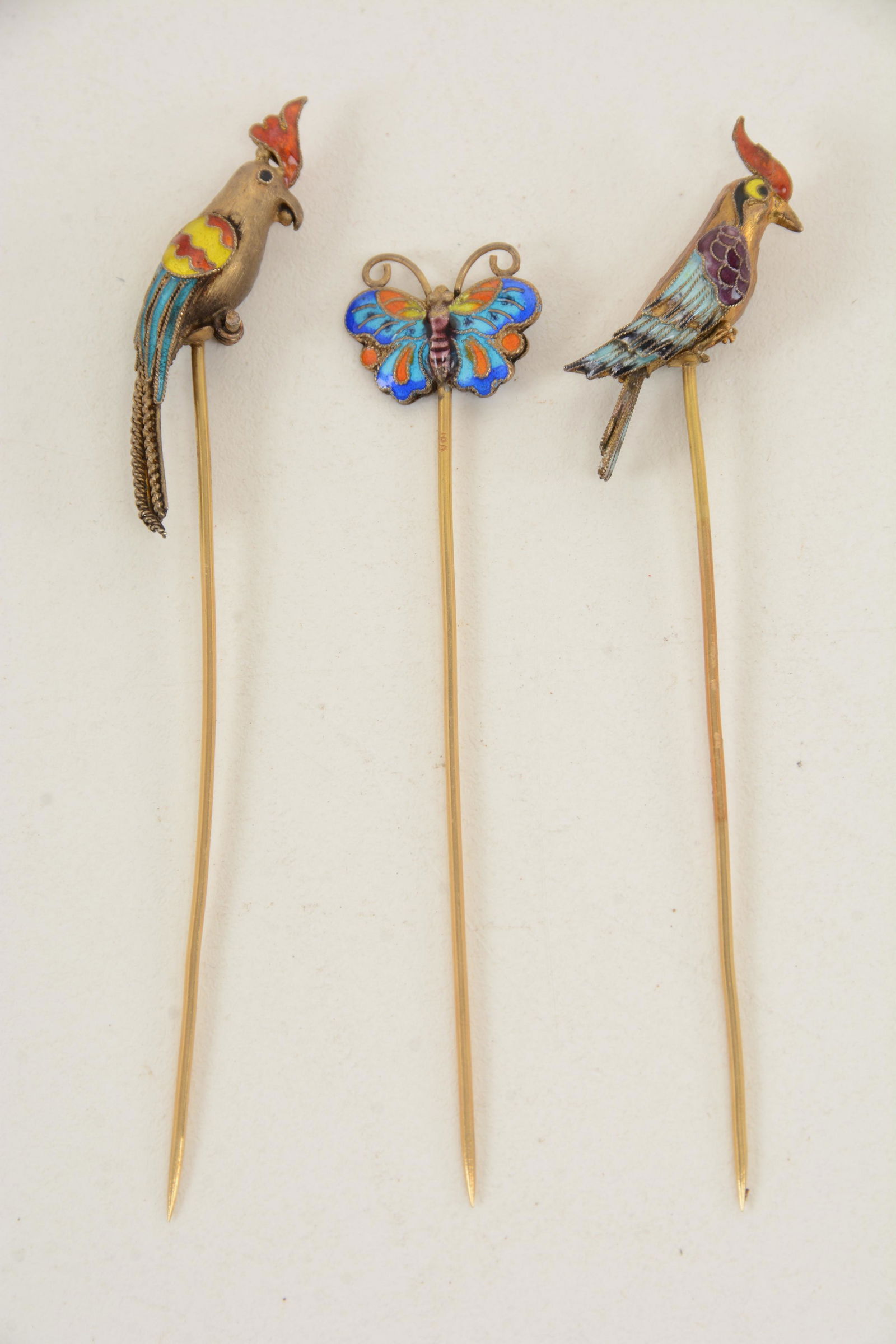 18K yellow gold enameled bird and butterfly stick pins. (1 of 5)