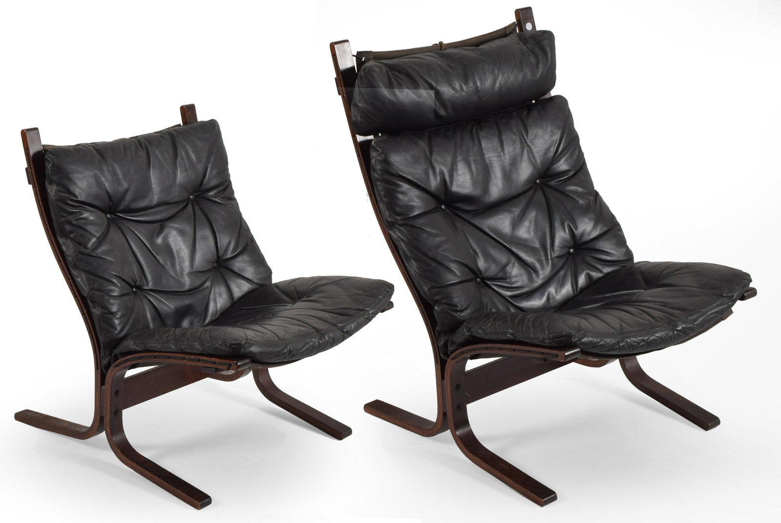 Mid-century modern leather chairs with glass-top side: Mid-century modern leather chairs with glass-top side table. Laminated wood frames in rosewood color stain with removable tufted leather cushions. Larger chair with attached head cushion along top. So