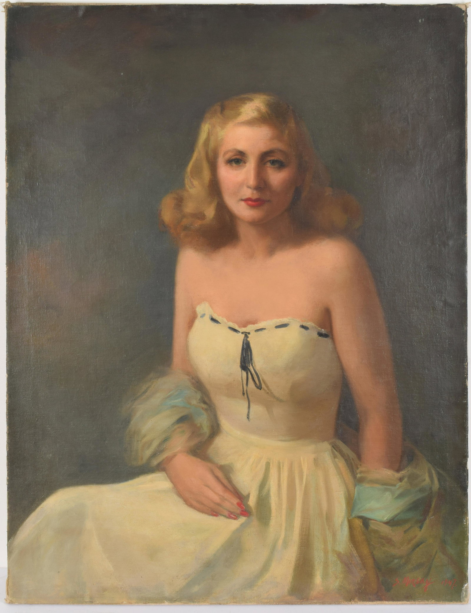 Samuel Mirsky. 1947 Portrait of glamorous blonde woman: Samuel Mirsky. 1947 Portrait of glamorous blonde woman in white dress. Oil on canvas. Relined. Wear and minor losses to paint at edges in areas. 42.25 x 32.25in.