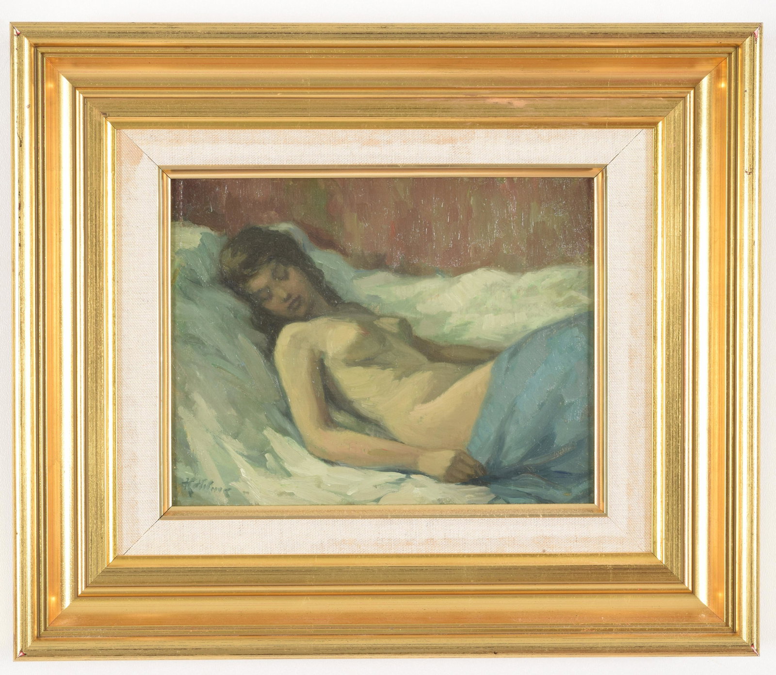 Axel Henry Helge Helme. German. Early 20th century.: Axel Henry Helge Helme. German. Early 20th century. Portrait of reclining nude female. Oil on canvas. Sight: 6.5” x 8.5”. Overall: 12.5” x 14.75”.