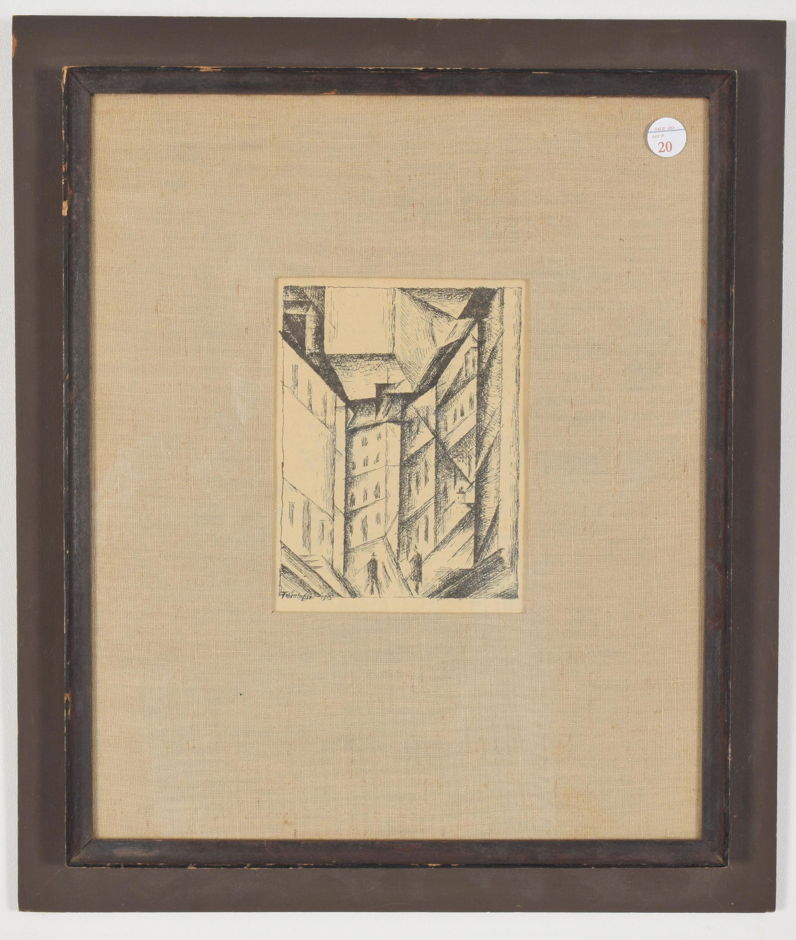Lyonel Feininger. German-American. 1915. Cubist street: Lyonel Feininger. German-American. 1915. Cubist street scene with figures in hats. Etching on paper. Signed and dated in plate lower left. Image: 5.75” x 4.5”. Overall: 17.25” x 14.7
