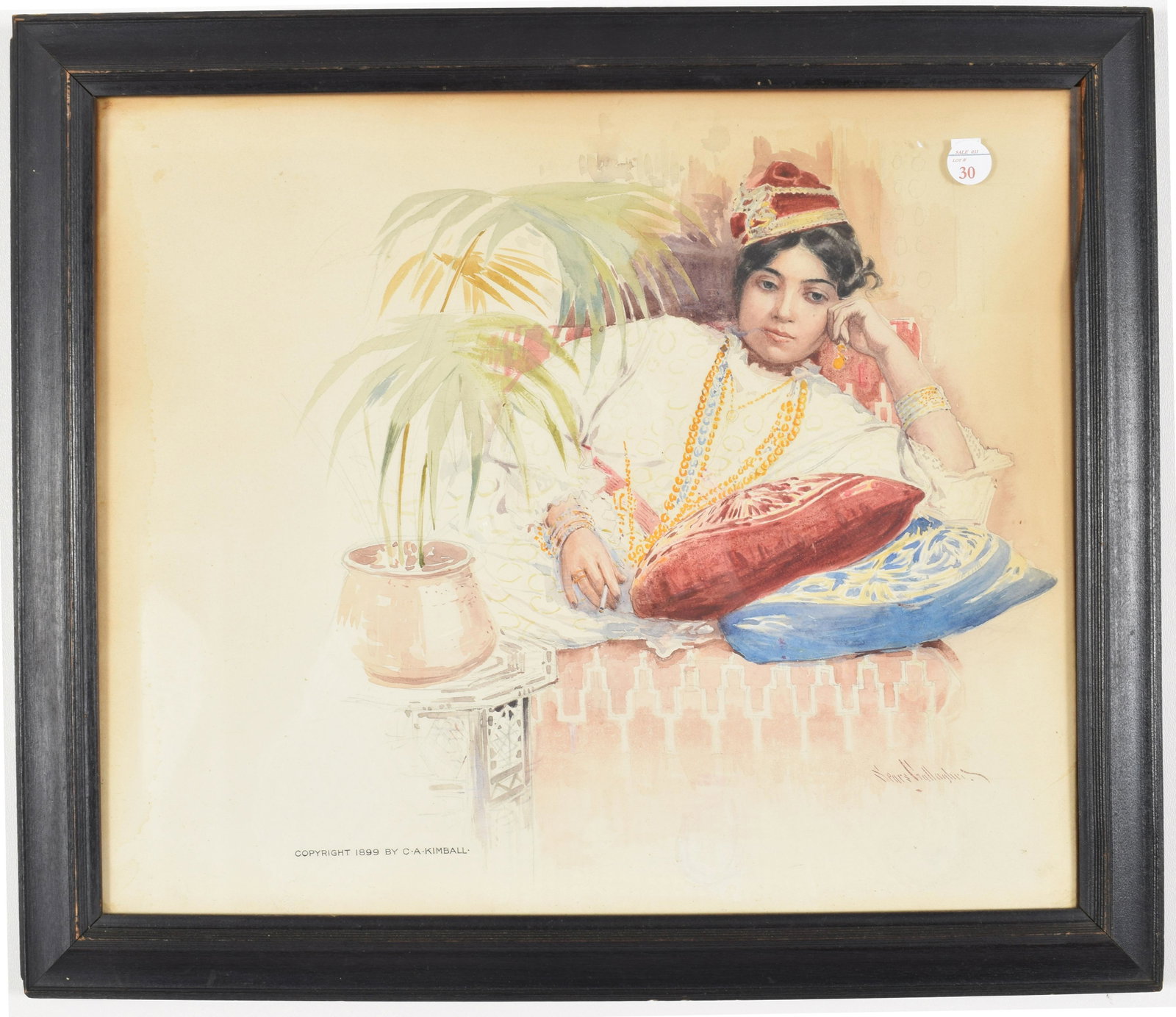 Sears Gallagher. American. Orientalist painting of: Sears Gallagher. American. Orientalist painting of woman with cigarette, likely for an advertisement. Watercolor. Signed lower right. Minor moisture marks to edges and toning. Overall: 16.5” x 1