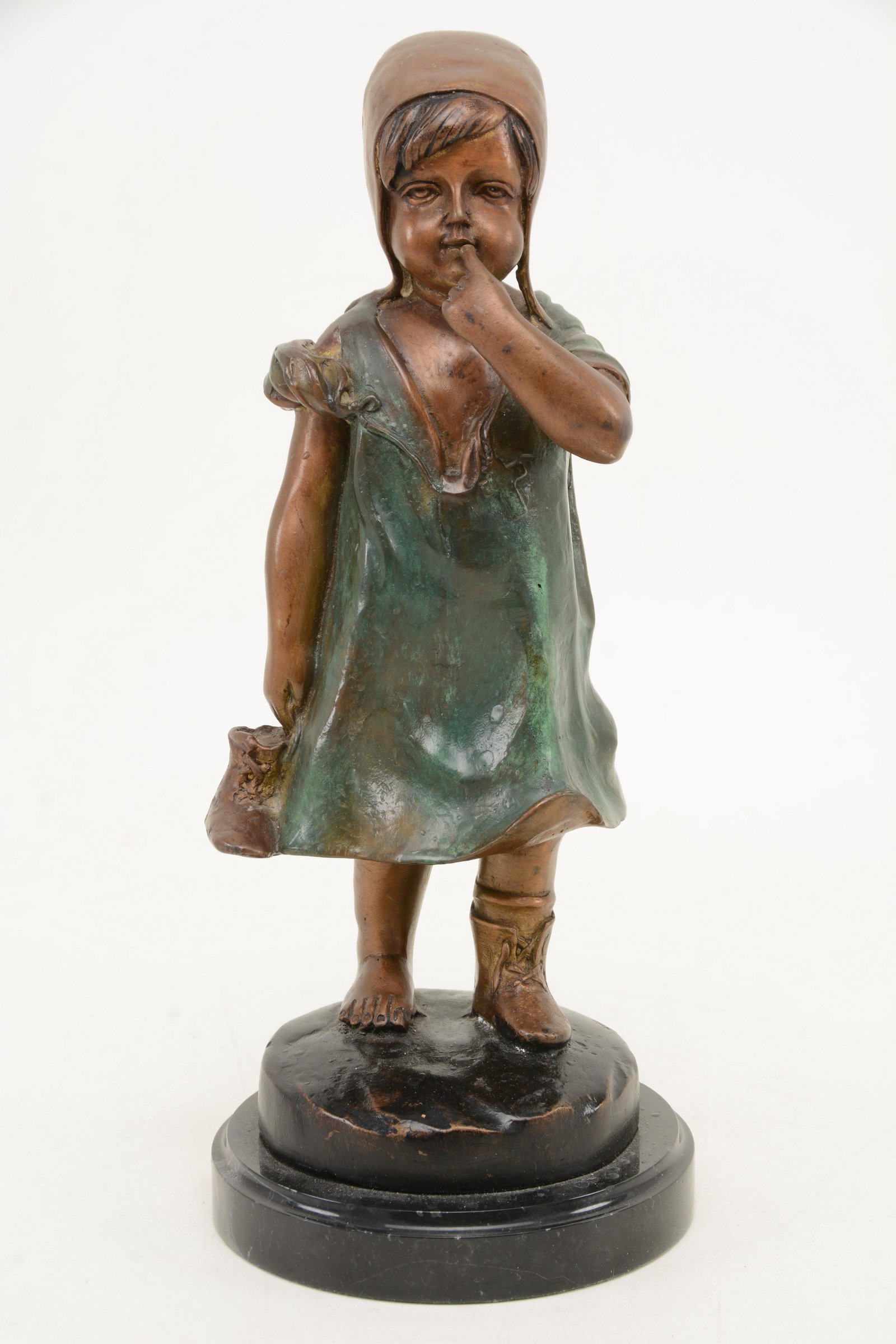 E. Rossi patinated bronze sculpture of small child with: E. Rossi patinated bronze sculpture of small child with boot in hand. Marble base. Some minor scuffs to finish. Height 11.25in.