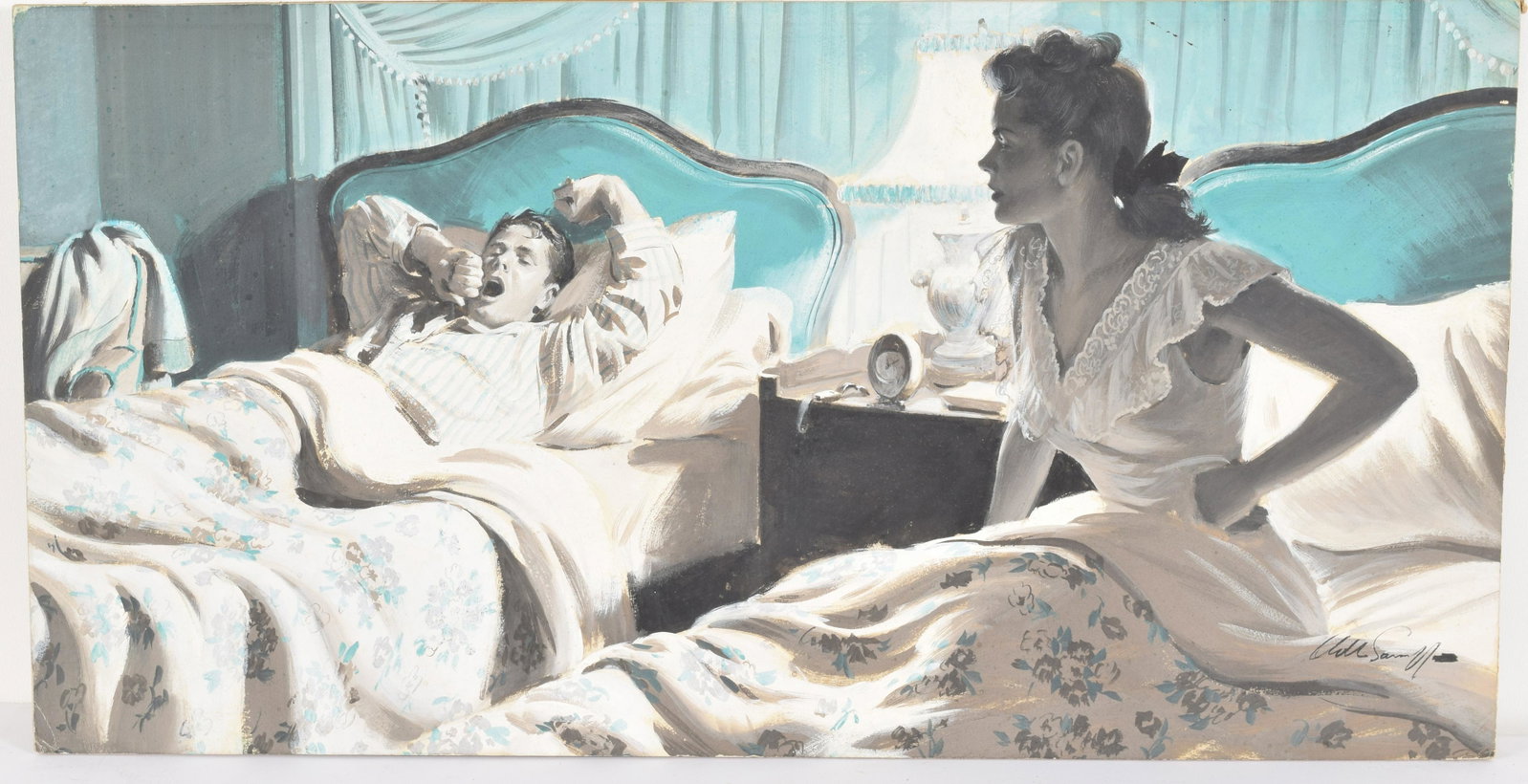 Arthur Saron Sarnoff. American. "Be Sure to Stop": Arthur Saron Sarnoff. American. "Be Sure to Stop” Redbook story illustration. Gouache on board. Edge wear with minor dents to board. 14” x 27”.