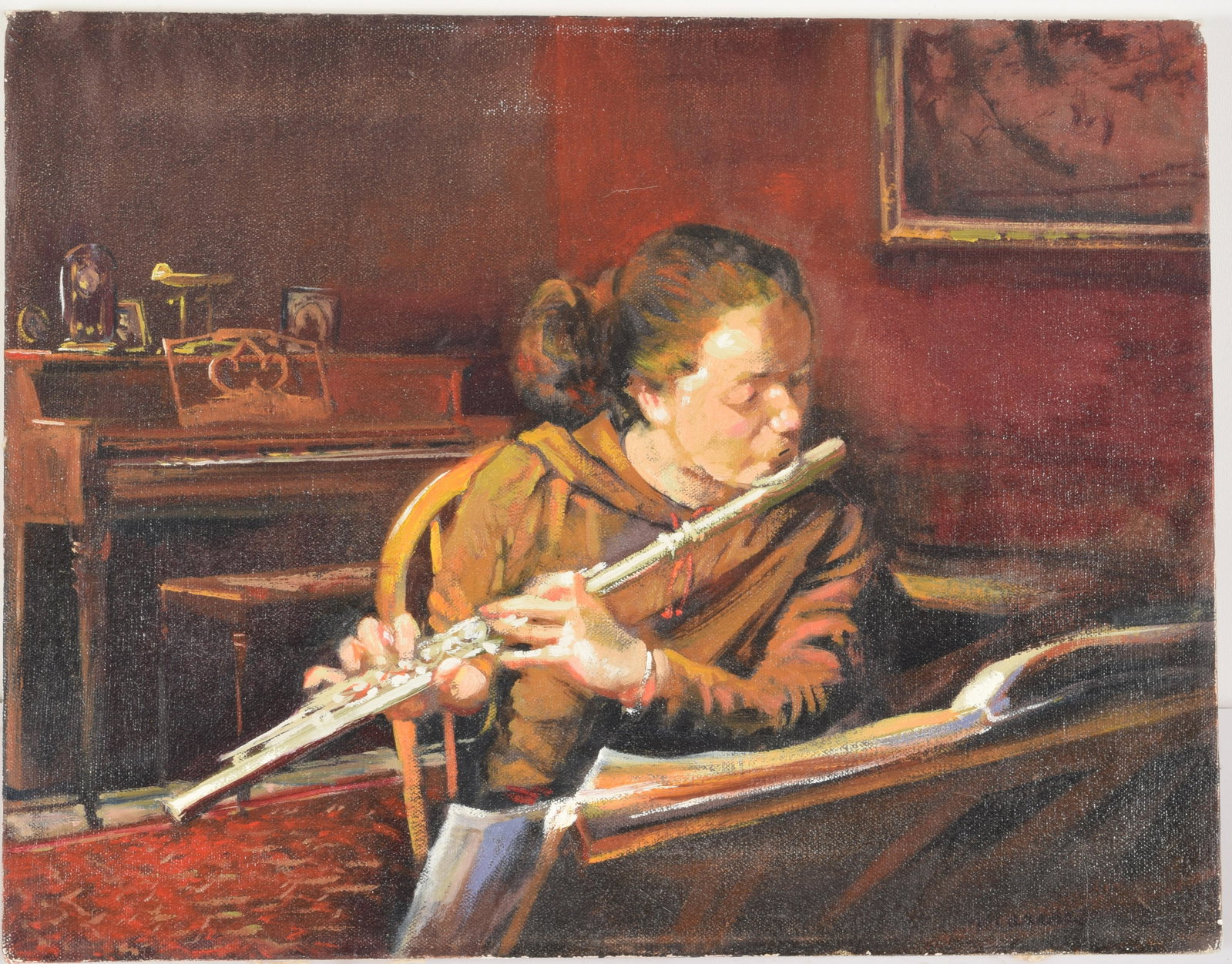 Onelio Marrero. Cuban-American. 20th Century. Portrait: Onelio Marrero. Cuban-American. 20th Century. Portrait of woman playing the flute. Oil on canvas. Signed and dated 2003 lower right. Unframed. 14” x 18”.