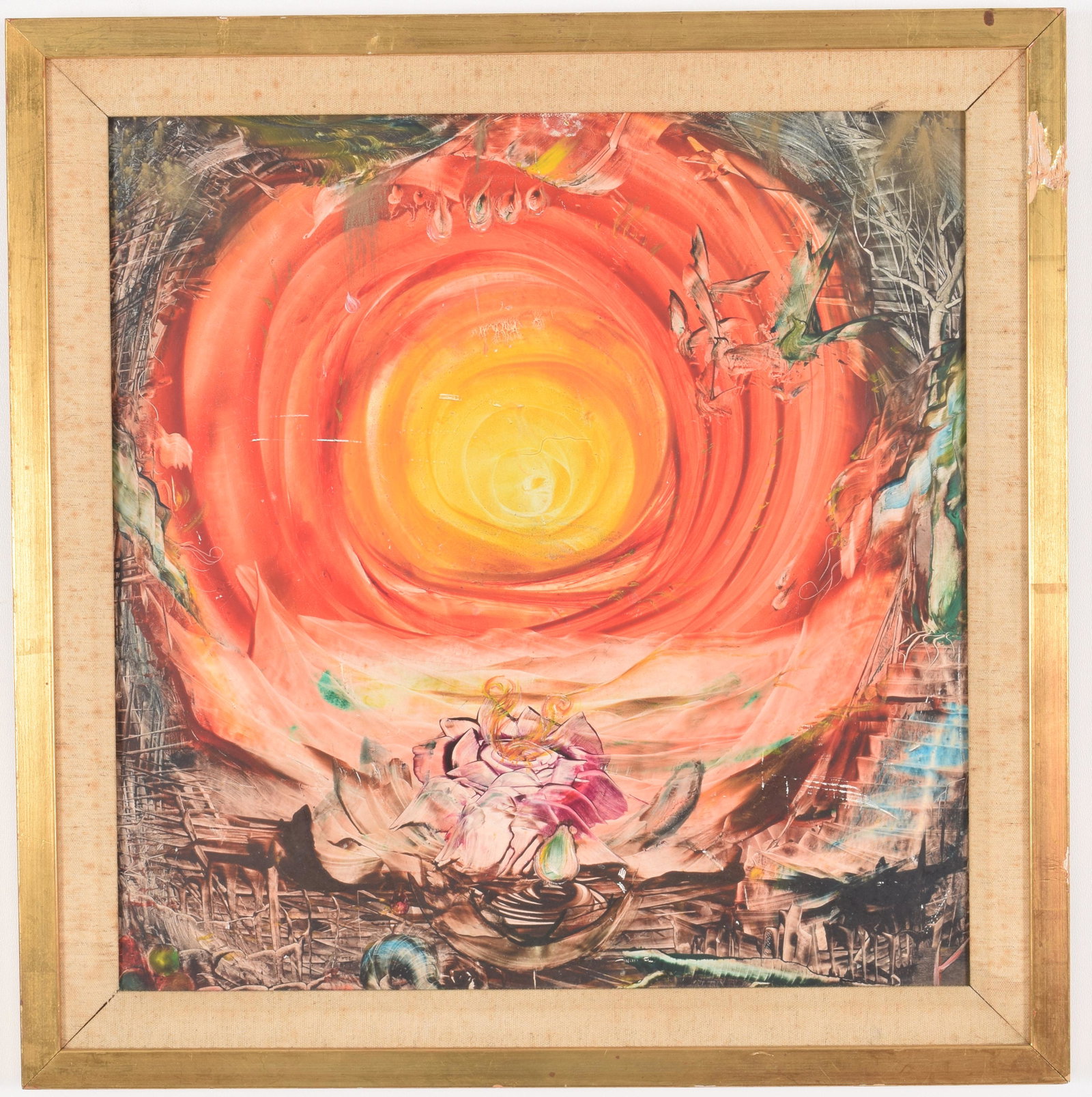 Abstract painting with red and yellow spiraling sphere: Abstract painting with red and yellow spiraling sphere with flowers and birds. 20th century. Oil on paper board. Scrapes and scuffs to image surface. Damage to frame, staining and foxing to canvas lin