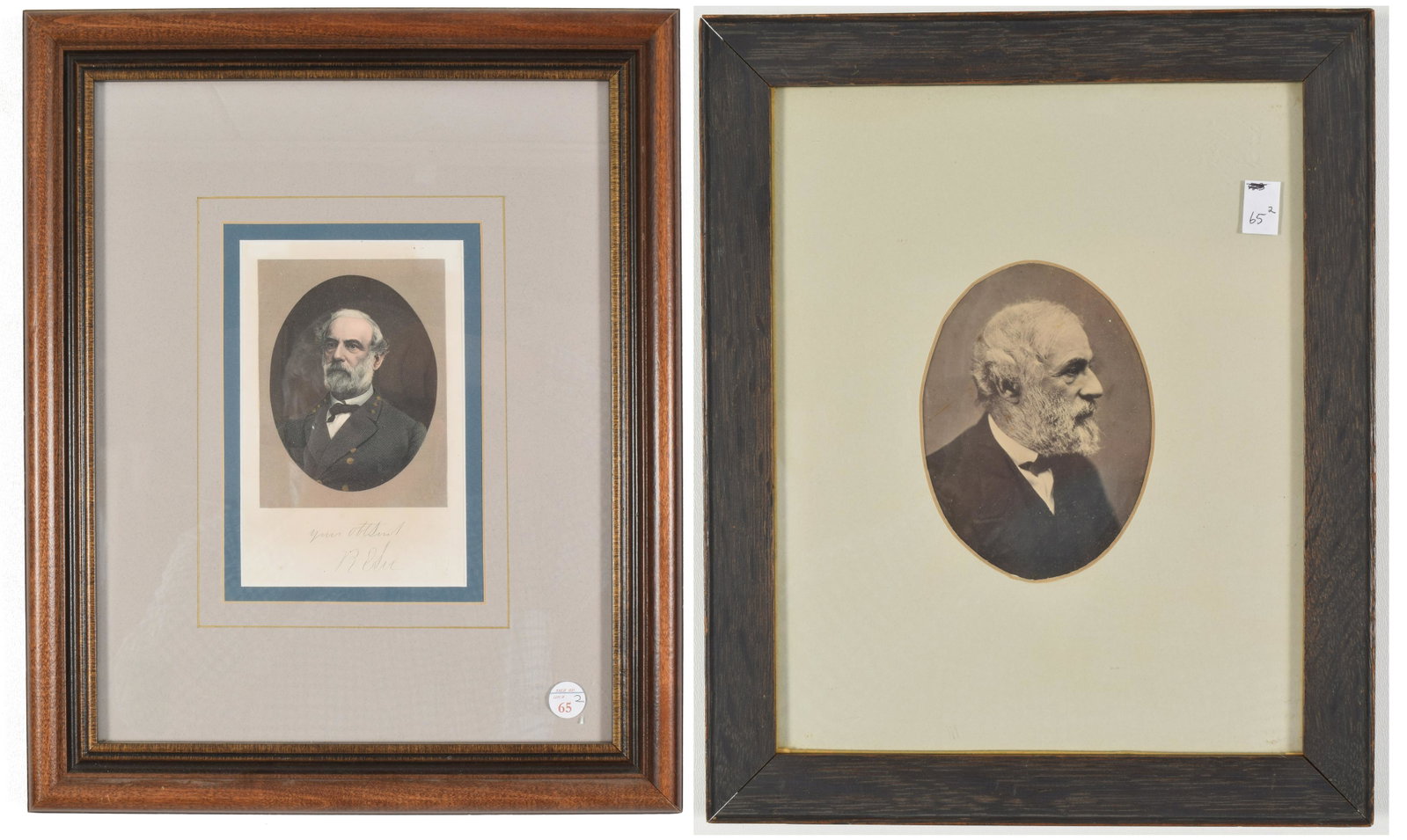 Robert E. Lee Engraving and Photograph Portraits. Hand: Robert E. Lee Engraving and Photograph Portraits. Hand colored engraving with facsimile signature (16.5” x 13.5” overall) together with sepia photograph from profile of Robert E. Lee (11.5