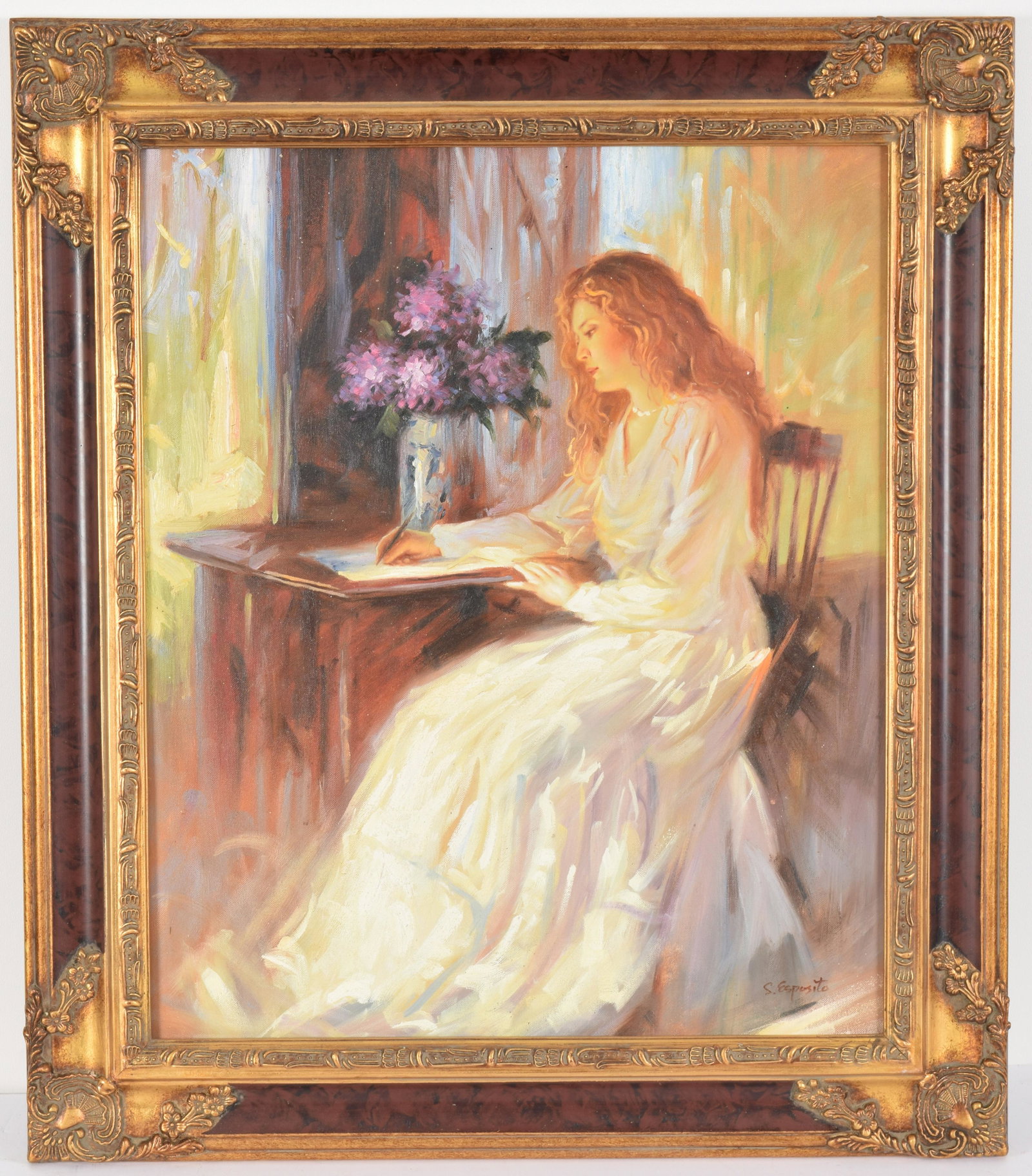 S. Esposito portrait of a woman in white dress writing: S. Esposito portrait of a woman in white dress writing at desk. Oil on canvas. Sight: 23.5” x 19.25”. Overall: 30” x 26”.