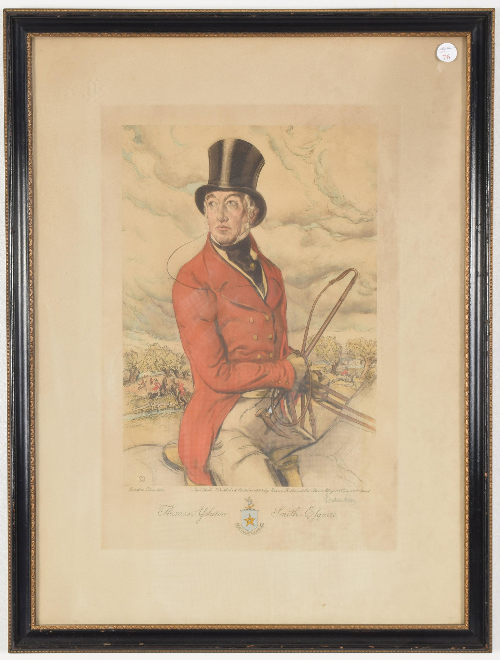 Portrait of gentleman in fox hunting attire. Hand: Portrait of gentleman in fox hunting attire. Hand colored intaglio print. Gordon Ross copyright. Published 1925. Signed in pencil illegibly at lower right. Toning to paper. Plate: 17” x 11.25&rd