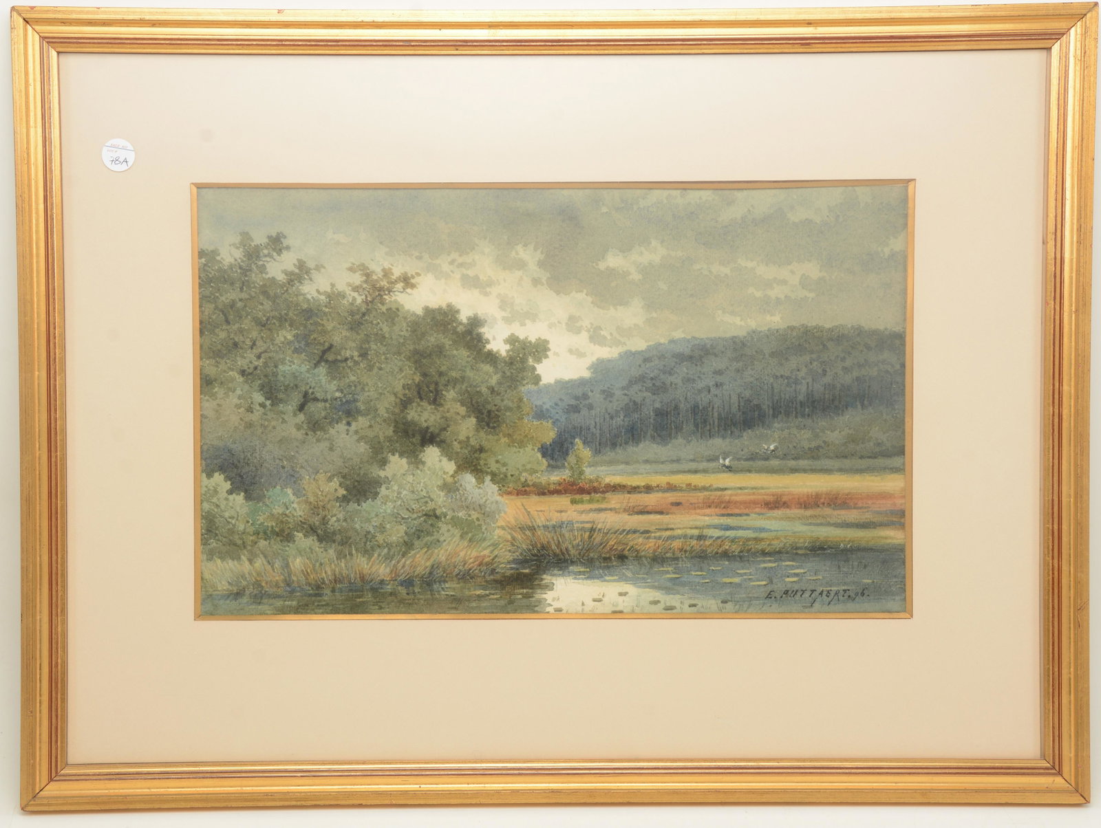 Emile Puttaert. Belgian. 1896. Watercolor painting of: Emile Puttaert. Belgian. 1896. Watercolor painting of marsh or wetlands with overcast sky and flying birds. Signed and dated lower right. Sight: 10 x 16.5in. Overall: 18.5 x 25in.