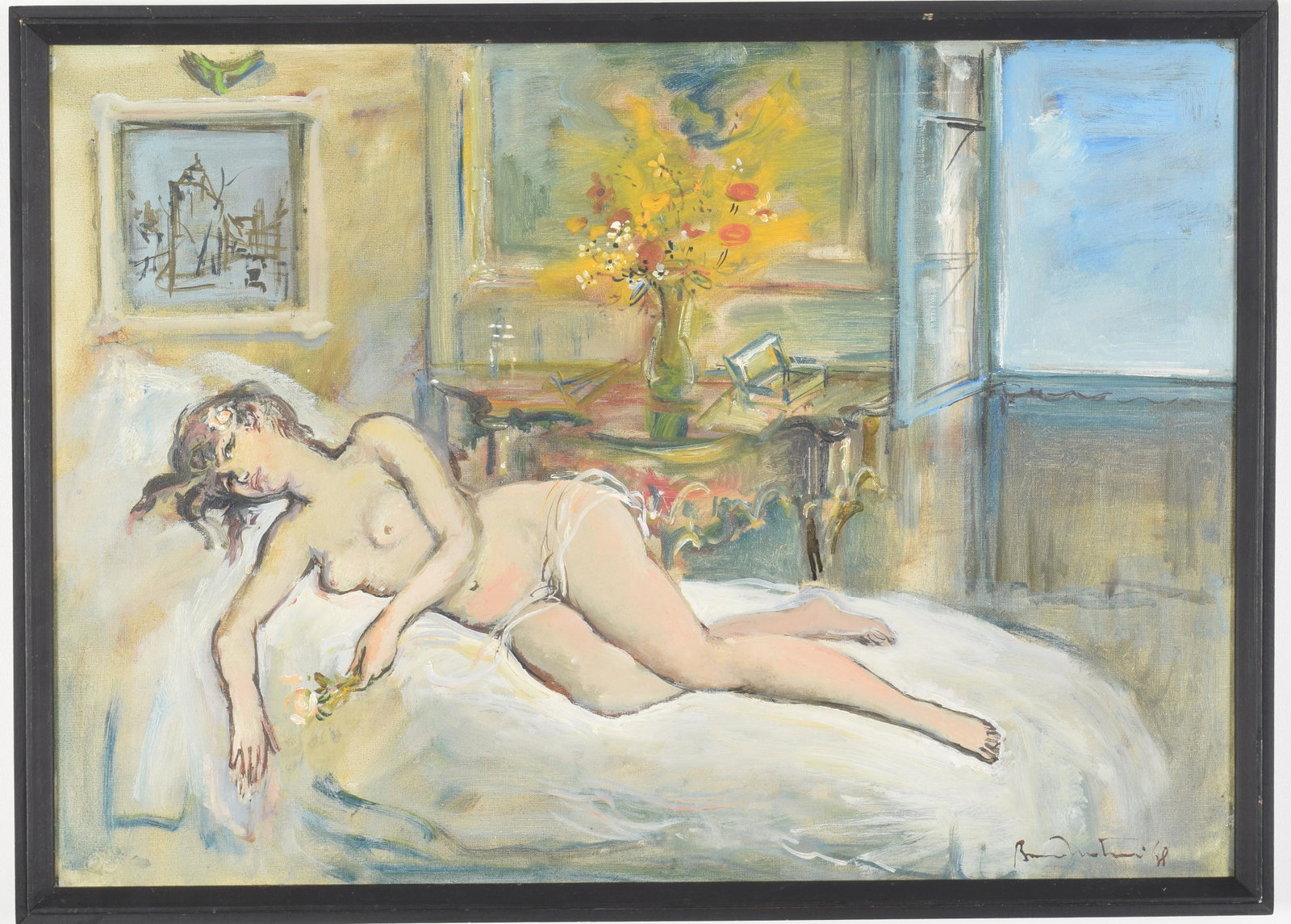 Reclining Female Nude Painting. Signed illegibly lower: Reclining Female Nude Painting. Signed illegibly lower right and dated â€™68. Oil on canvas. Sight: 19.5” x 27.5”. Overall: 21.25” x 29.5”.