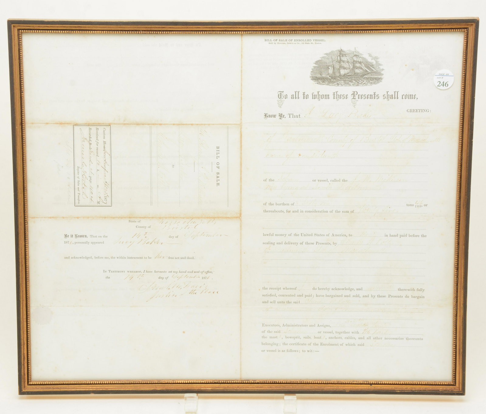 Maritime bill of sale for the schooner J.W. Nickerson,: Maritime bill of sale for the schooner J.W. Nickerson, dated 1876. Framed. 14.75in x 17.75in. Faded ink.