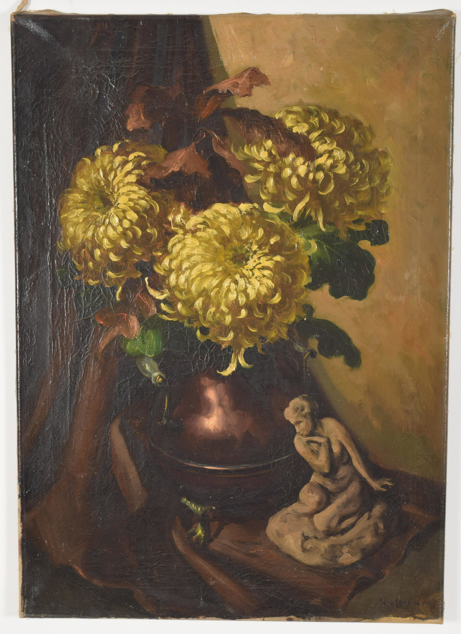 Antique still life of yellow flowers and statue. Signed: Antique still life of yellow flowers and statue. Signed illegibly lower right (Hn. Lehmann”?). Oil on canvas. Craquelure throughout image. 27.5” x 19.75”.