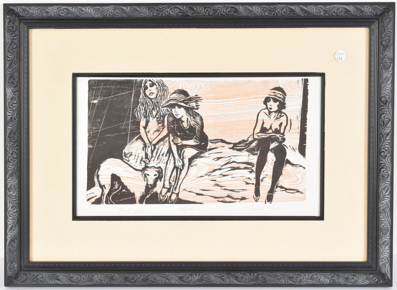 Frank Martin. Two young women seated on bed with dog: Frank Martin. Two young women seated on bed with dog with a third nude woman in Art Deco attire. Color woodblock on paper. Signed, titled, and numbered 100/100 in pencil along lower margin. Image: 8.2