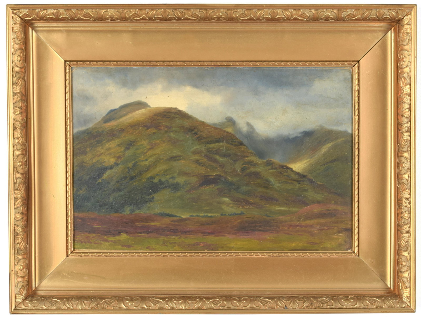 19th century painting of Scottish Highlands landscape: 19th century painting of Scottish Highlands landscape with rolling clouds. Oil on board. Inscription in pencil to reverse. Some wear and minor abrasions to edges of image. Traces of gold paint from fr