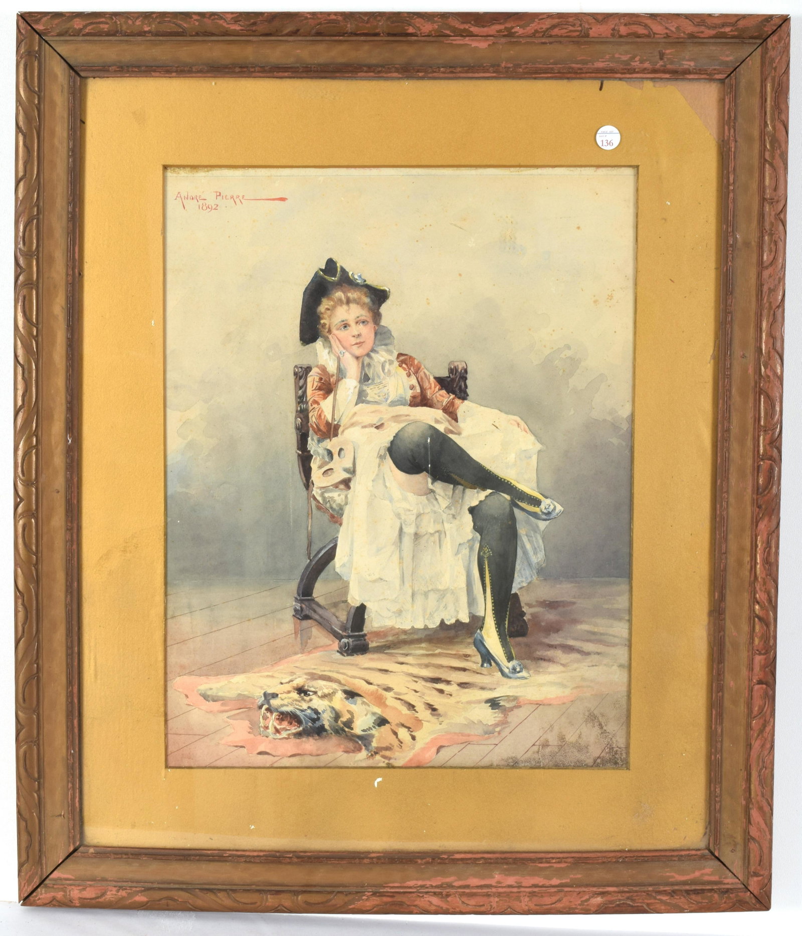 Andre Pierre. 1892. Portrait of young woman in masked: Andre Pierre. 1892. Portrait of young woman in masked costume seated with tiger skin rug. Watercolor. Some staining to image. Small spots of damage near center on knee. Wear to frame. Sight: 19 x 14.7