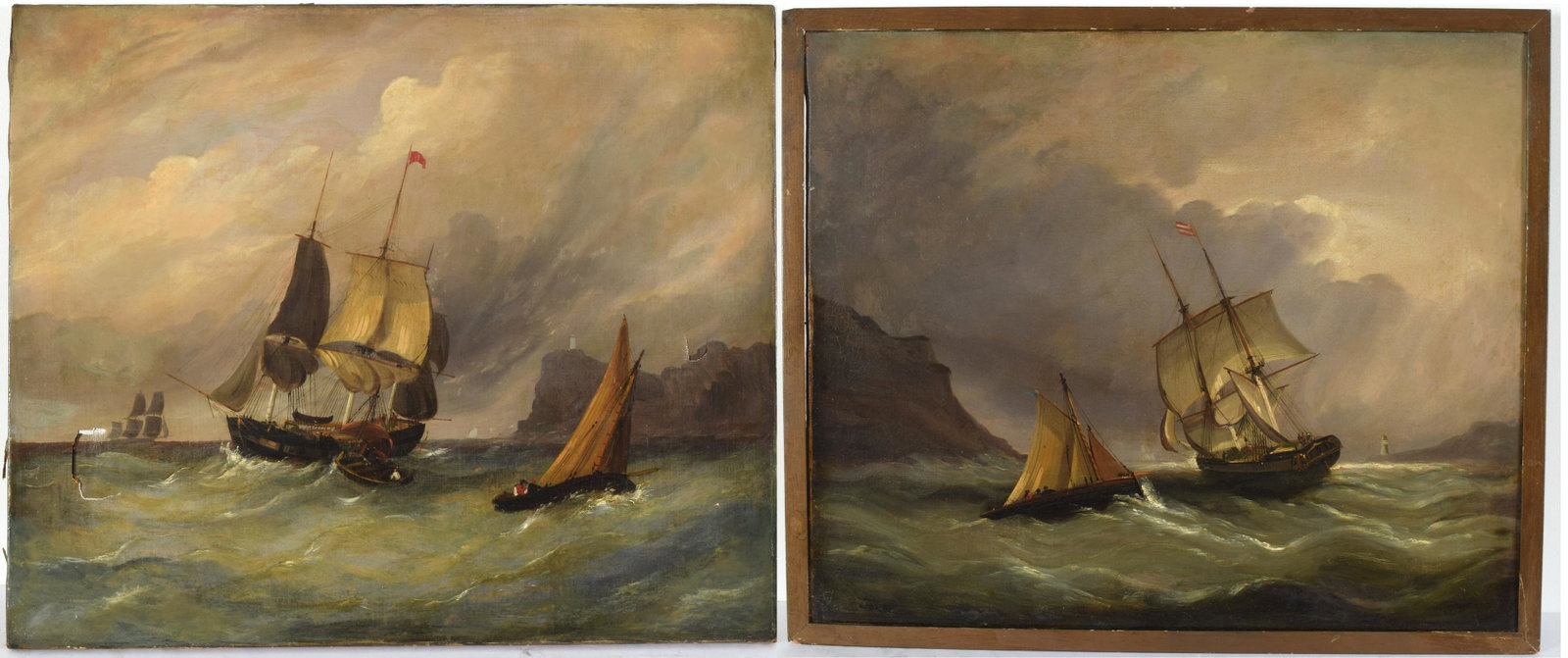 Pair of 19th century English marine paintings. Two: Pair of 19th century English marine paintings. Two scenes depicting ships at sea during storms. Oil on canvas. One with two large punctures and patch visible to backside. One in minimal wood frame. Si