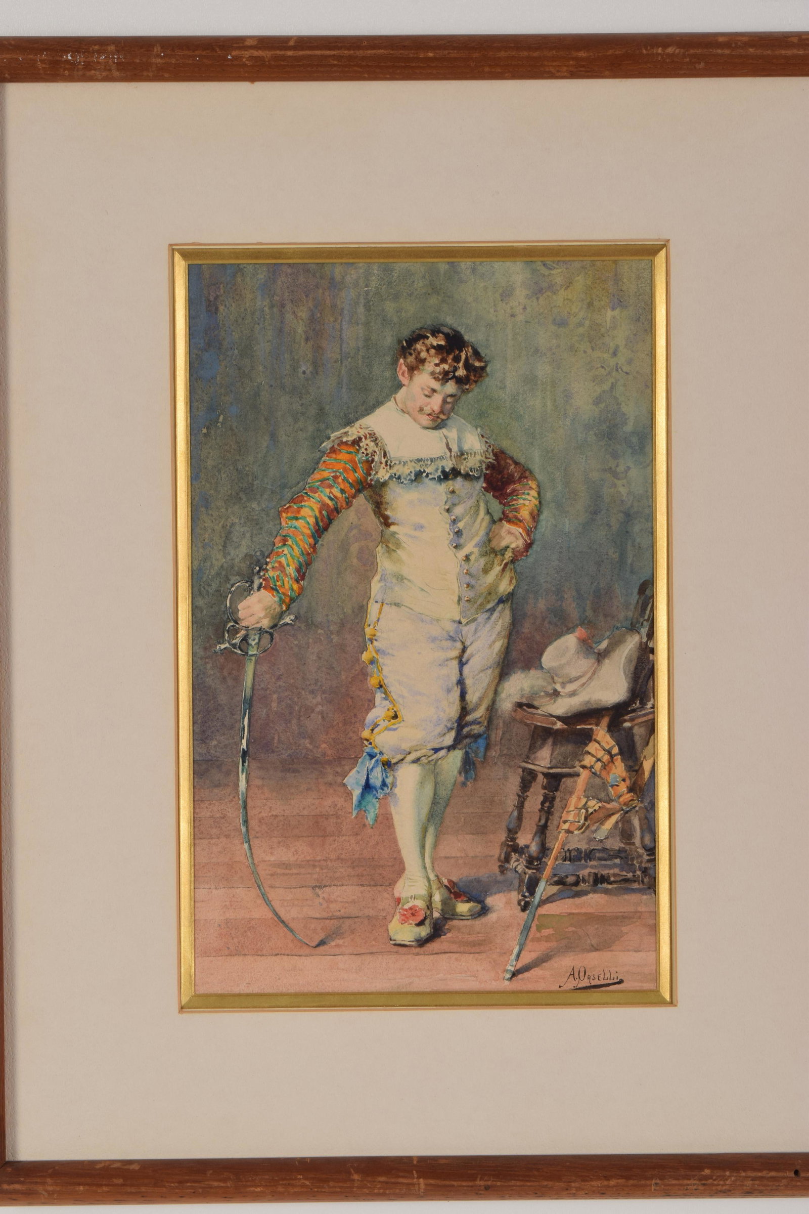 Arturo Orselli. Italian. 19th century. Portrait of: Arturo Orselli. Italian. 19th century. Portrait of musketeer or soldier with rapier. Watercolor on paper. Signed lower right. Sight: 13 x 8.5in. Overall: 21 x 17.5in.