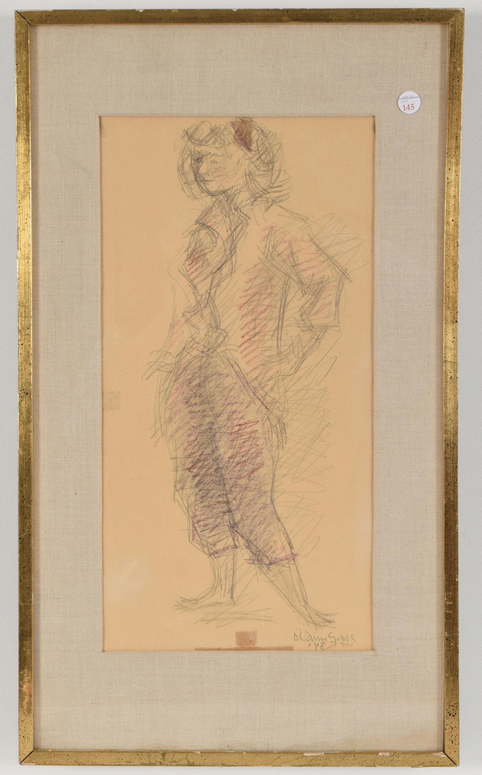 Chaim Gross. (Austrian-American 1904-1991) Pencil: Chaim Gross. (Austrian-American 1904-1991) Pencil portrait on paper. 1948. Signed to lower right. Light yellowing to paper and discoloration to lower bottom and upper left margins. Sight: 9.25"W x 18.