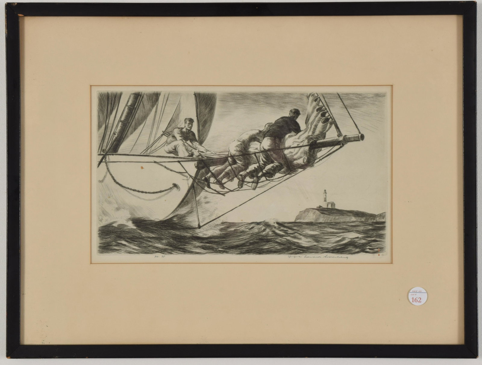 Ingve Edward Soderberg. American. 20th century.: Ingve Edward Soderberg. American. 20th century. Nautical etching depicting sailors working with sails. Lighthouse landscape to background. Signed lower right. Edition 85. Plate: 6.75 x 11.75in. Overal
