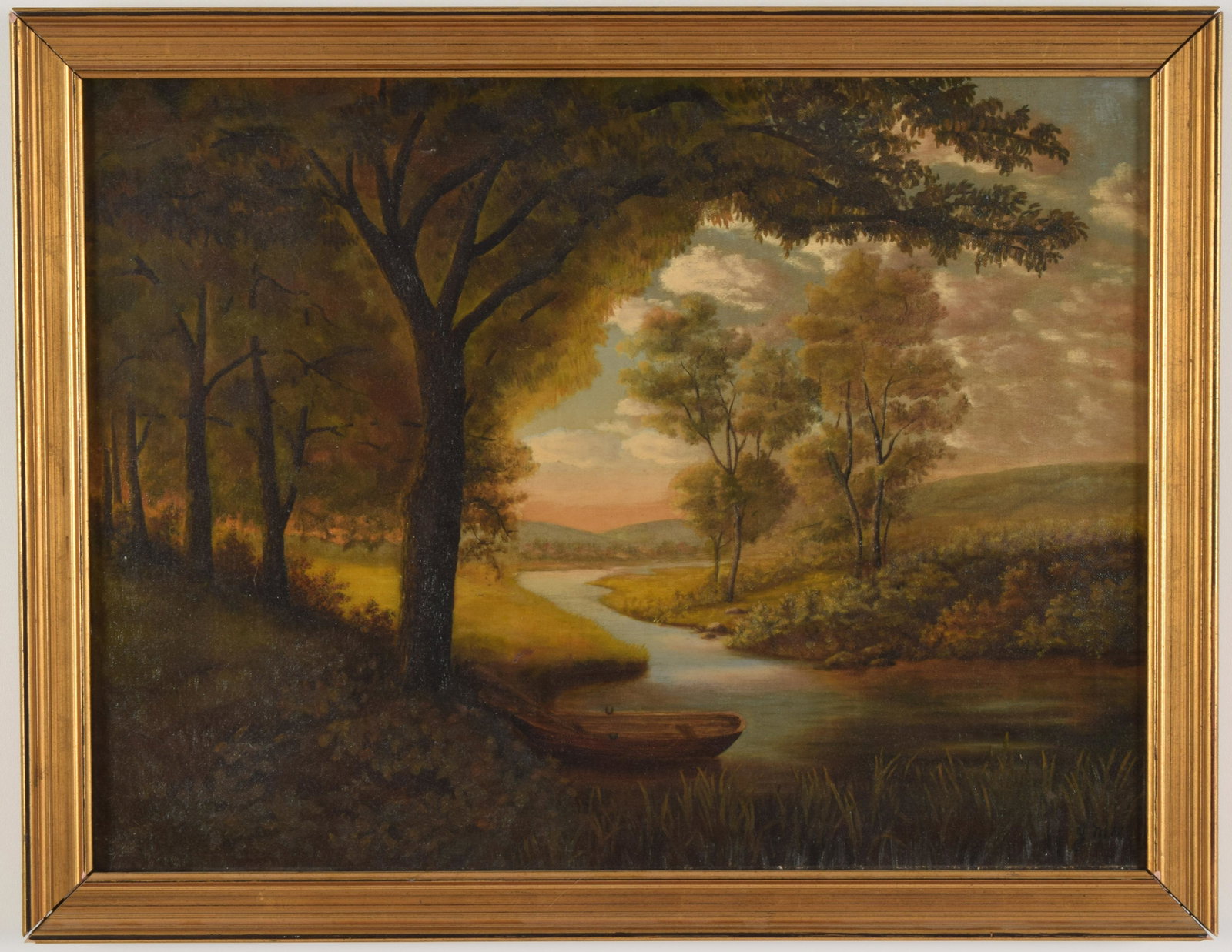 Hudson River School landscape oil painting. Mid to late: Hudson River School landscape oil painting. Mid to late 19th century. Signed "JMH" to lower right. Toning to paint. Sight: 23.5"W x 17.75"H. Overall: 26.5"W x 20.75"H.
