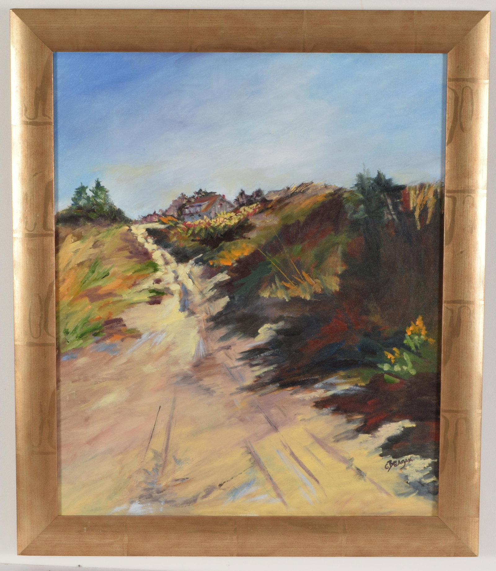 Carol Paradis Beagan. American. Oil on canvas. Pastoral: Carol Paradis Beagan. American. Oil on canvas. Cape Cod landscape with path. Late 20th century. Signed "C. Beagan" to lower right. Sight: 19.5"W x 23.5"H. Overall: 23.75"W x 27.75"H.