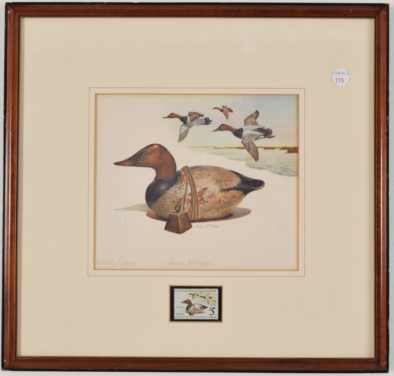 James P. Fisher. Limited edition print of duck decoy,: James P. Fisher. Limited edition print of duck decoy, flying ducks, and framed together with $5 migratory bird hunting stamp. Offset lithograph on paper. Signed in pencil lower center. Numbered 2681/3