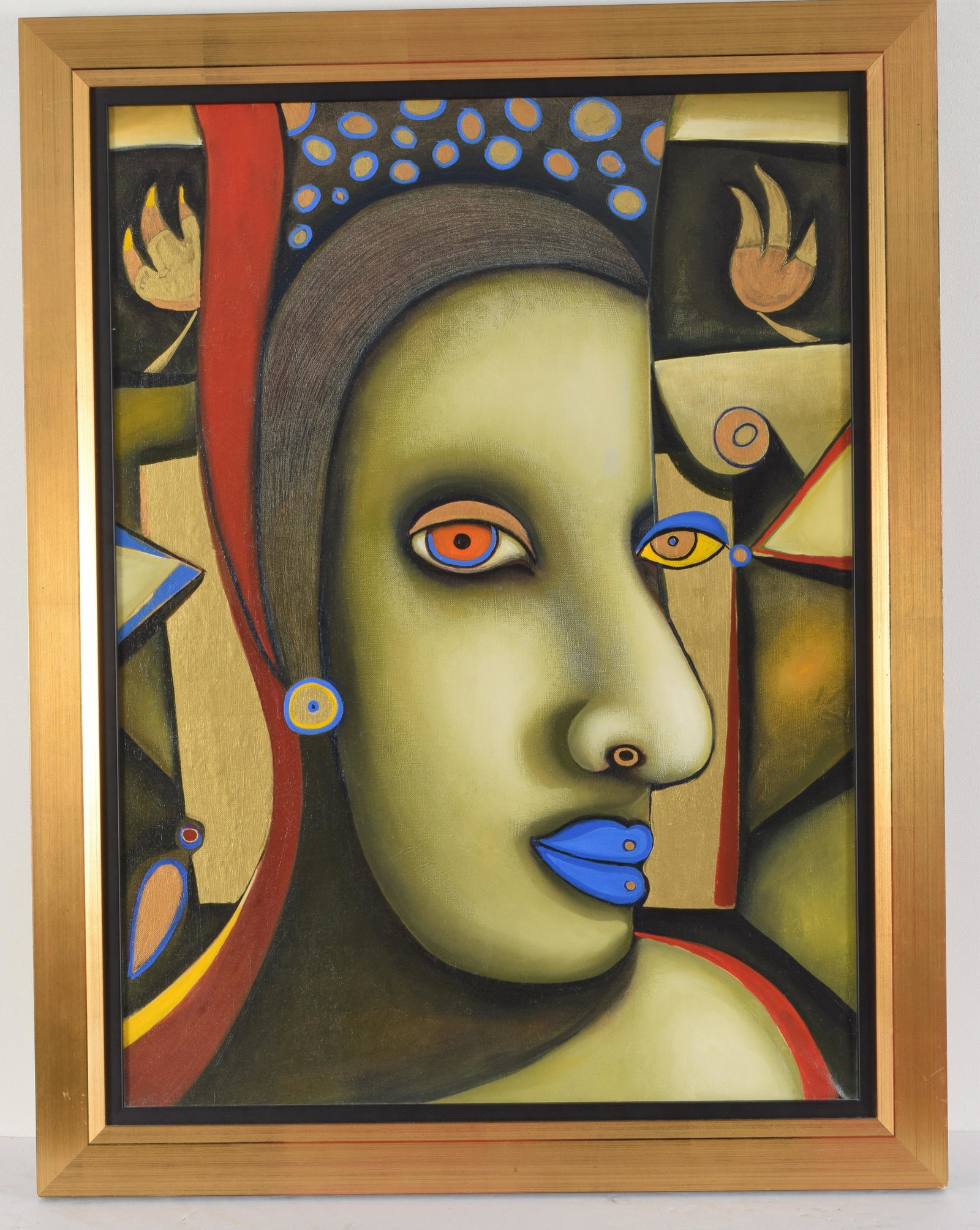 Modern cubist style portrait painting. Unsigned. Oil on: Modern cubist style portrait painting. Unsigned. Oil on canvas. Sight: 29.5 x 21.5in. Overall: 34.5 x 26.5in.