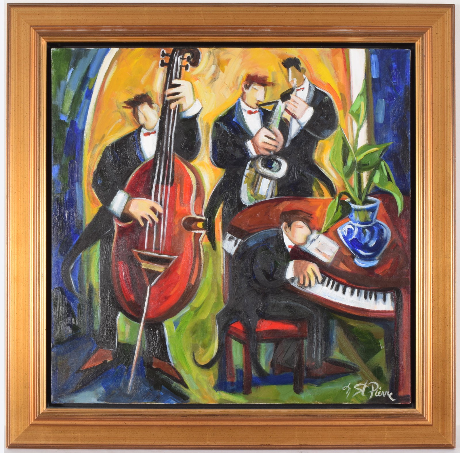 M. St. Pierre. Modern painting of jazz band musicians.: M. St. Pierre. Modern painting of jazz band musicians. Oil on canvas. Signed lower right and to backside of canvas. Sight: 24 x 24in. Overall: 30 x 30in.
