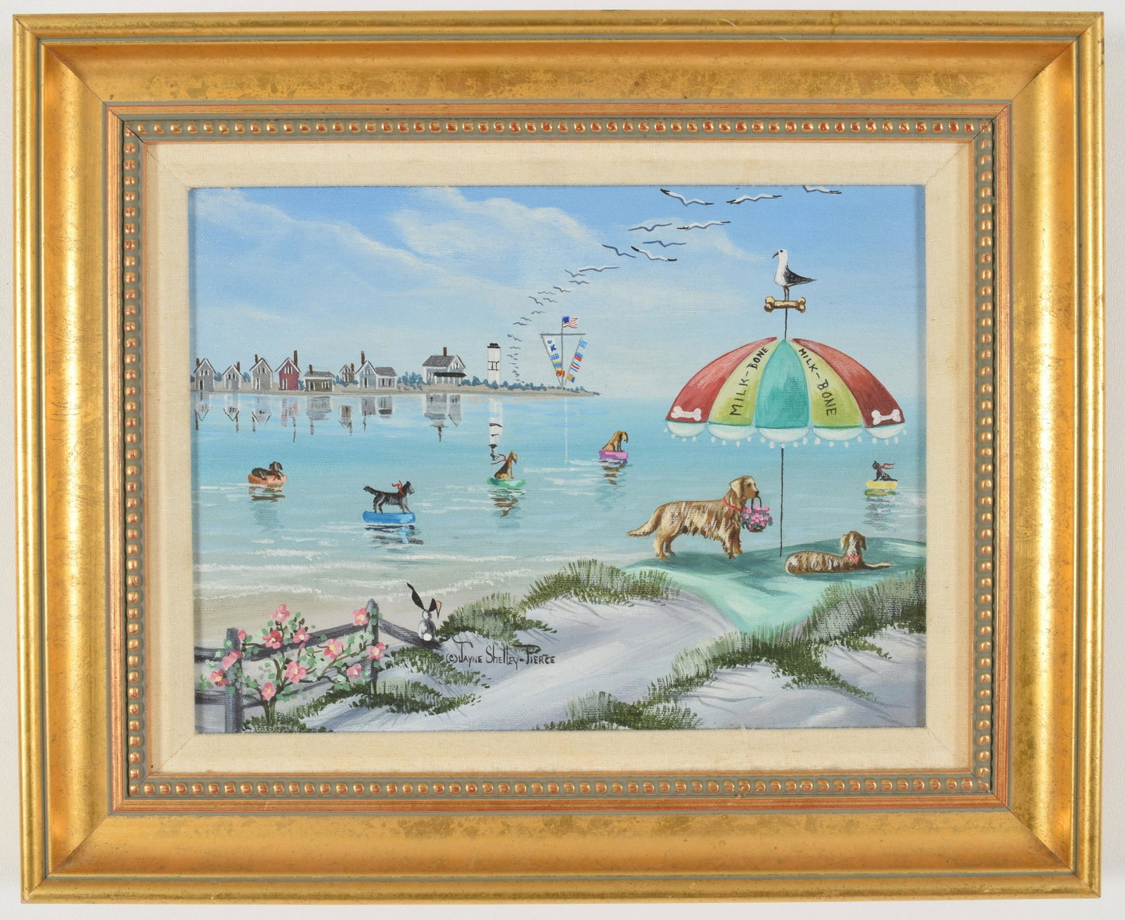 Jane Shelley-Pierce. Massachusetts. Scene of dogs: Jane Shelley-Pierce. Massachusetts. Scene of dogs enjoying the beach with coastal New England landscape in background. Signed middle bottom. Oil on canvas. Sight: 8.5 x 11.5in. Overall: 13.5 x 16.5in.