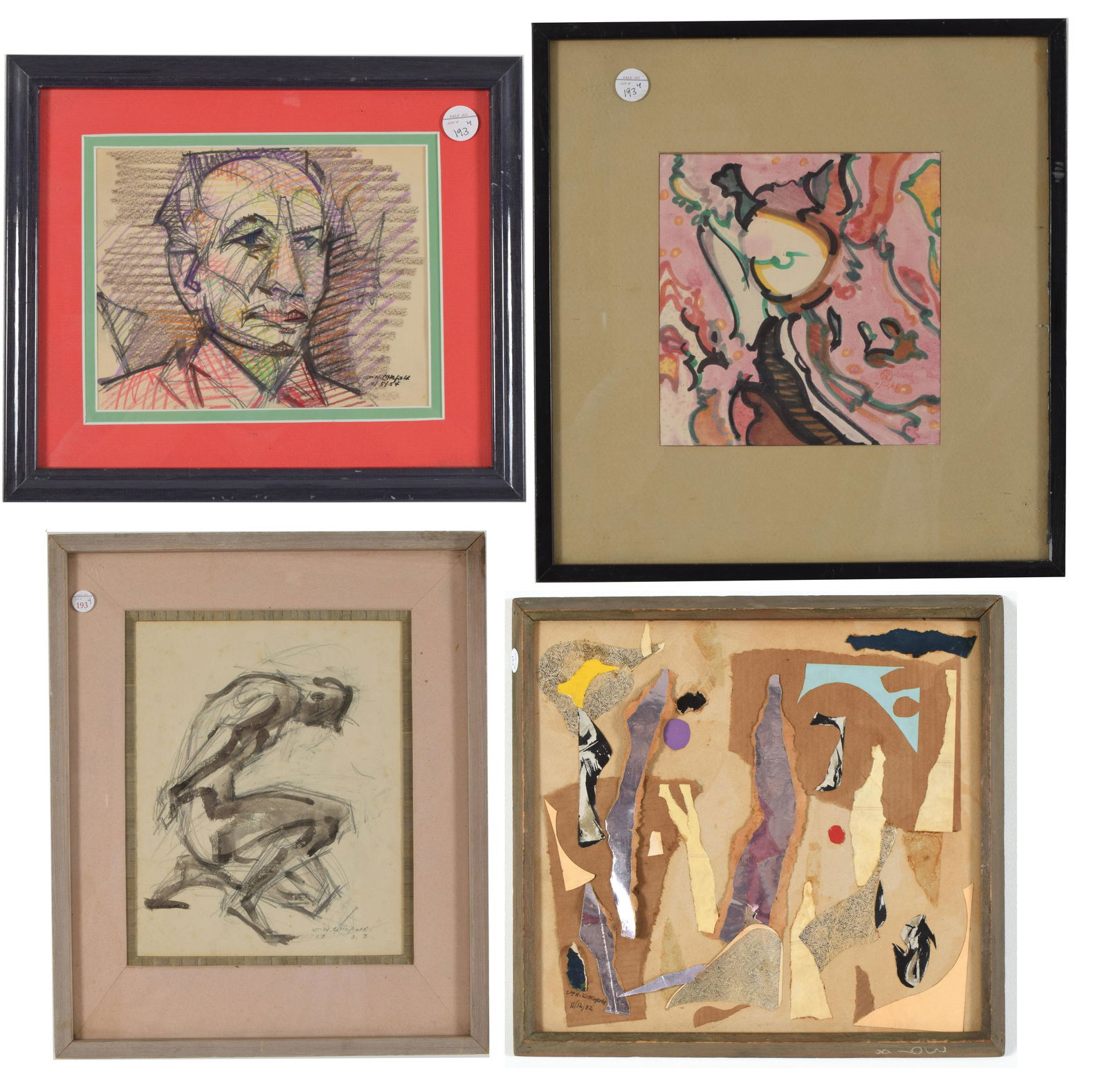 William Horace Litchfield. Grouping of 4 works: William Horace Litchfield. Grouping of 4 works including collage, ink and watercolor sketch, pastel portrait drawing, and an abstract composition. Each signed or bearing artist stamp. Largest (black a
