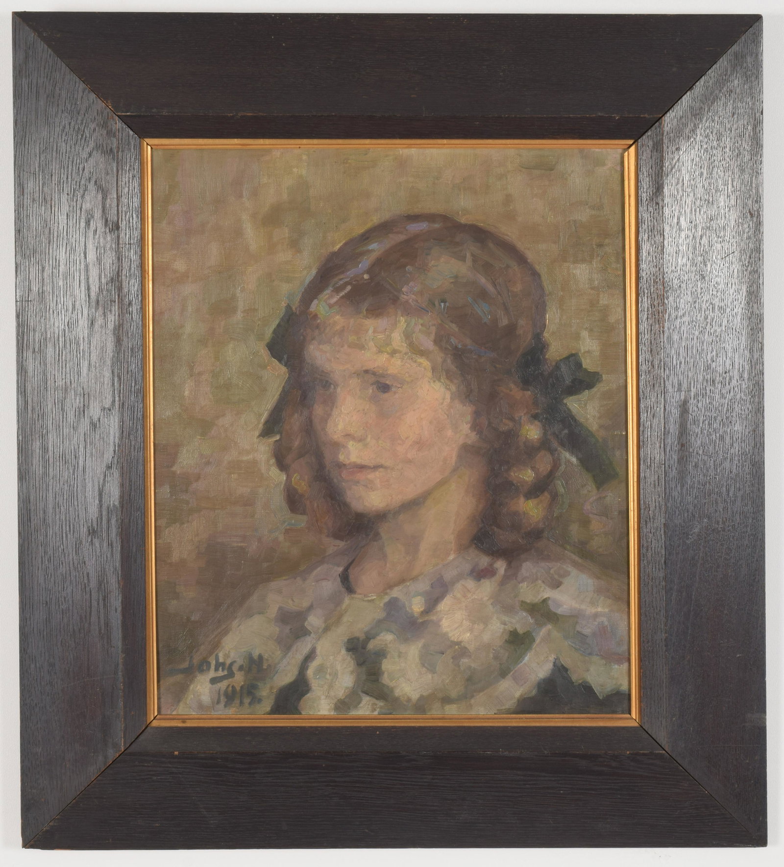 Impressionist style portrait of young woman, dated: Impressionist style portrait of young woman, dated 1915. Oil on canvas. Signed (John. N?) lower left and dated. Minor warping to canvas. Sight: 17.5 x 14in. Overall: 25.5 x 22.5in.