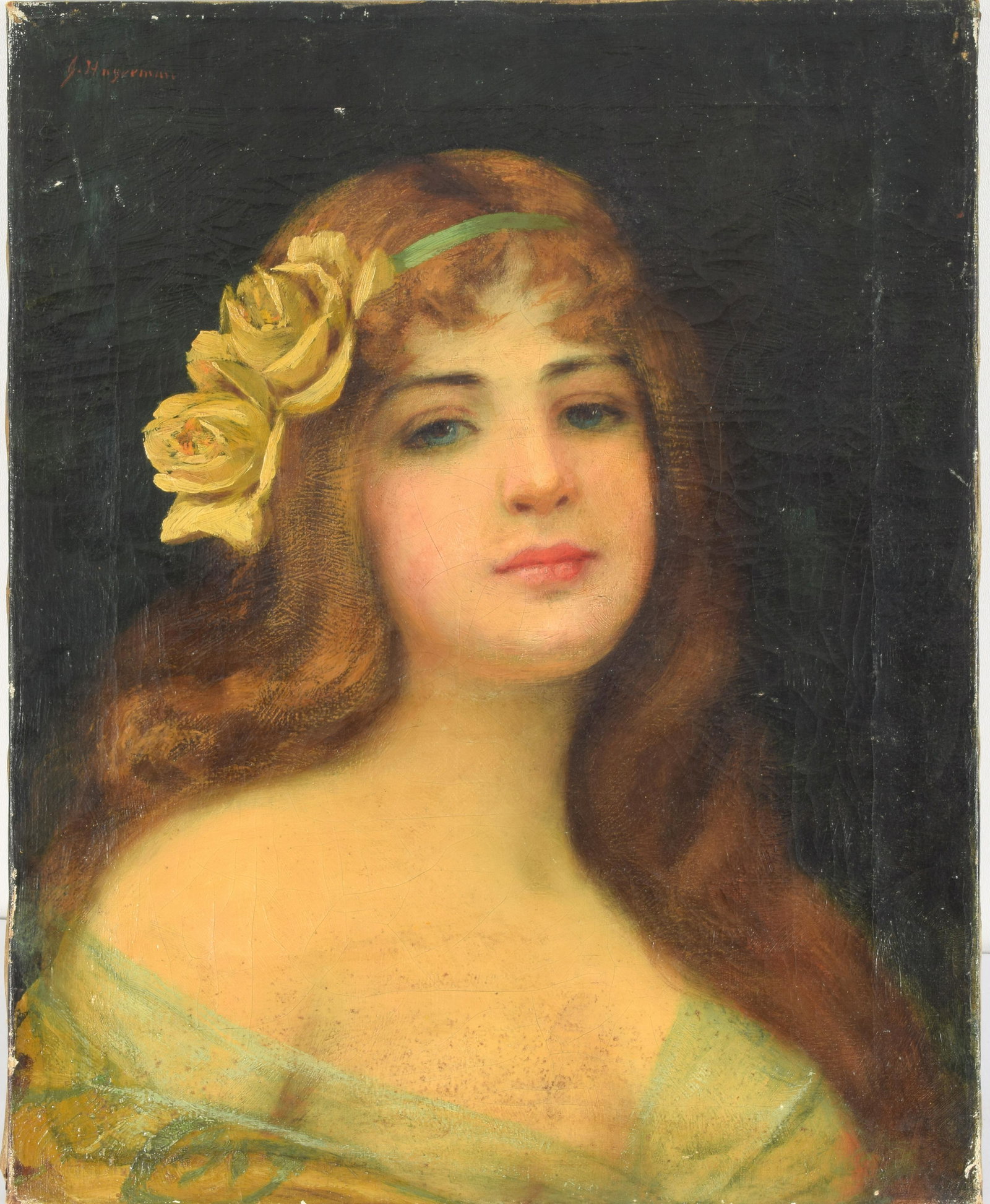 Hagerman. Early 20th century. Pre-Raphaelite style: Hagerman. Early 20th century. Pre-Raphaelite style portrait of young woman with flowers in hair. Oil on canvas. Signed upper left. Craquelure. Wear to edges of canvas with minor paint loss. Dirtying t