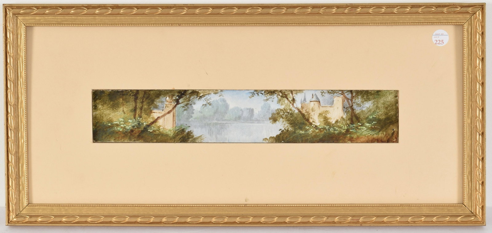 Hand Painted pottery tile with castle landscape.: Hand Painted pottery tile with castle landscape. Unmarked. Tile: 2.5 x 13.75in. Overall: 10 x 21.5in.
