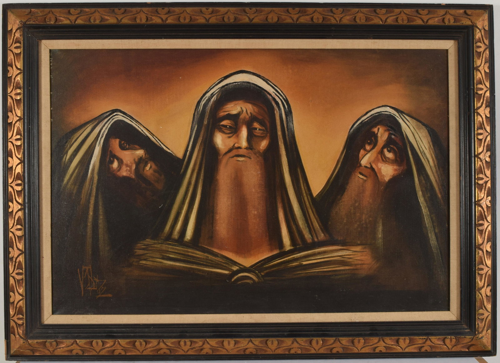 Signed painting of three hooded figures with book. Oil: Signed painting of three hooded figures with book. Oil on canvas. Signed with illegible monogram to lower left. Minor craquelure in some spots, light scuffs. Wear and minor damage to frame edges. Sigh