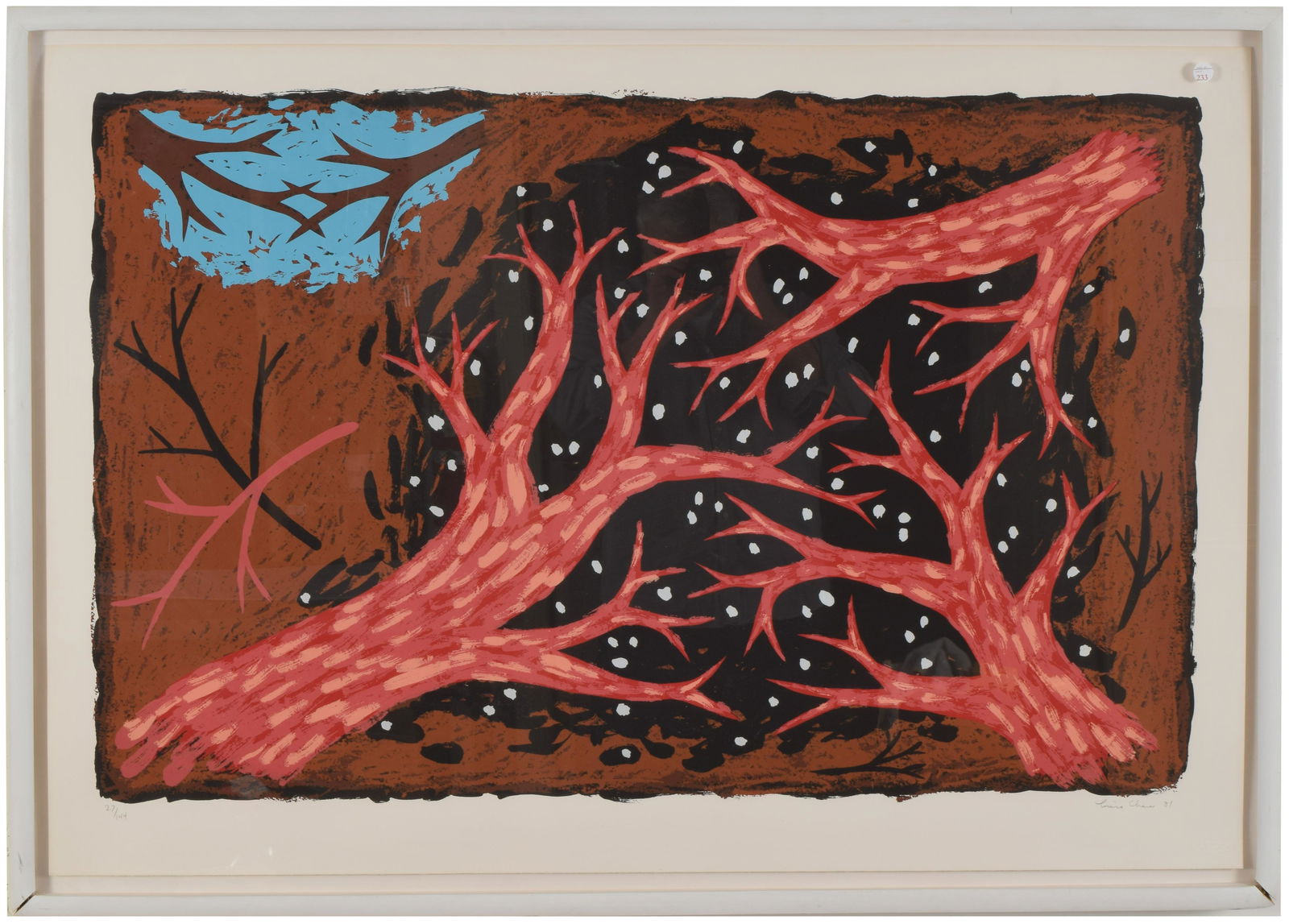 Louisa Chase. 1981. Untitled silkscreen of red trees: Louisa Chase. 1981. Untitled silkscreen of red trees underneath a starry sky. Signed lower right and dated. Edition of 27/144. Sheet size: 30.5 x 44in. Overall: 33.5 x 48in.